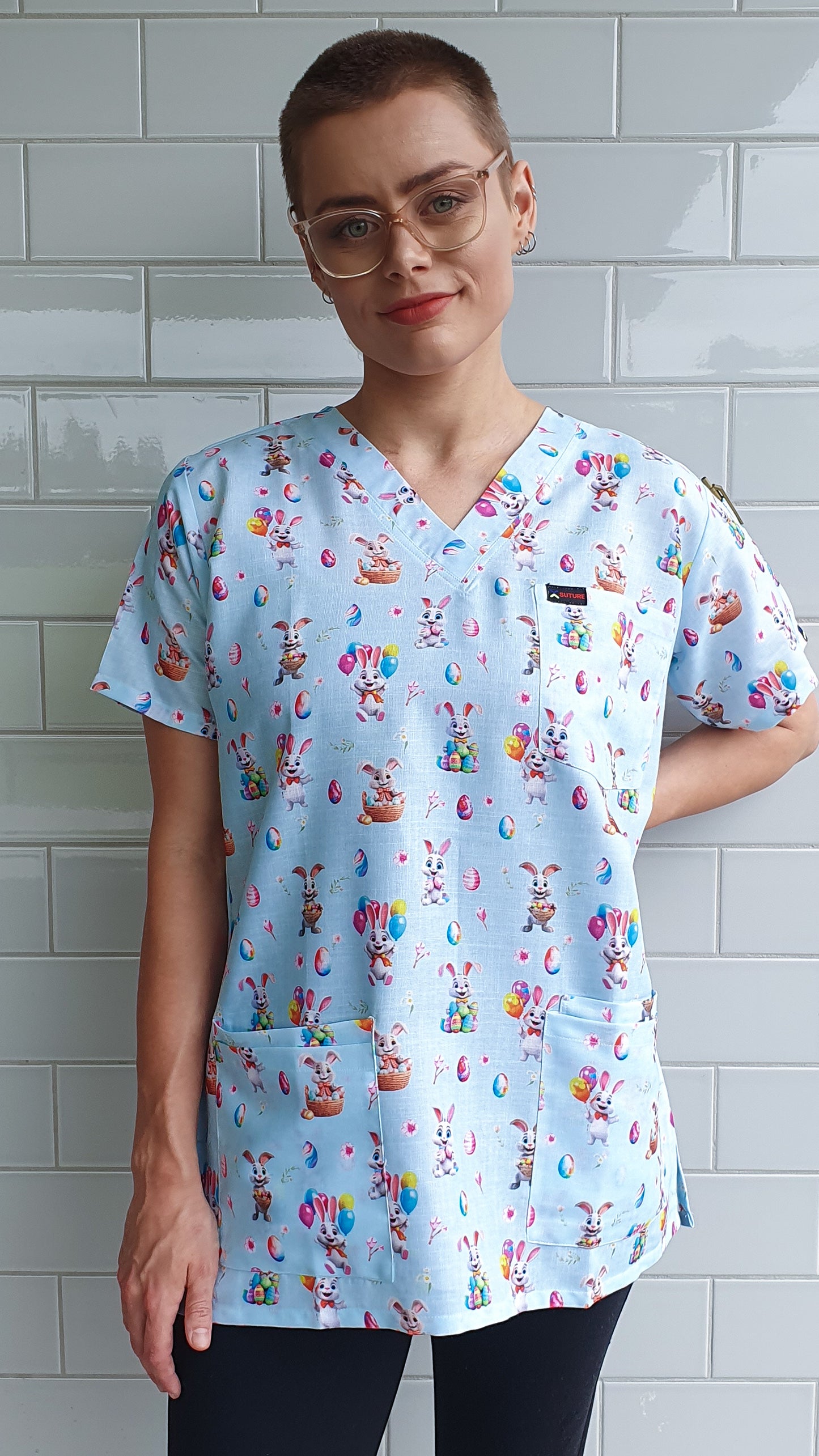 Smiling Easter Bunny with Egg And Baloon  Printed Fun Scrub Top Australia