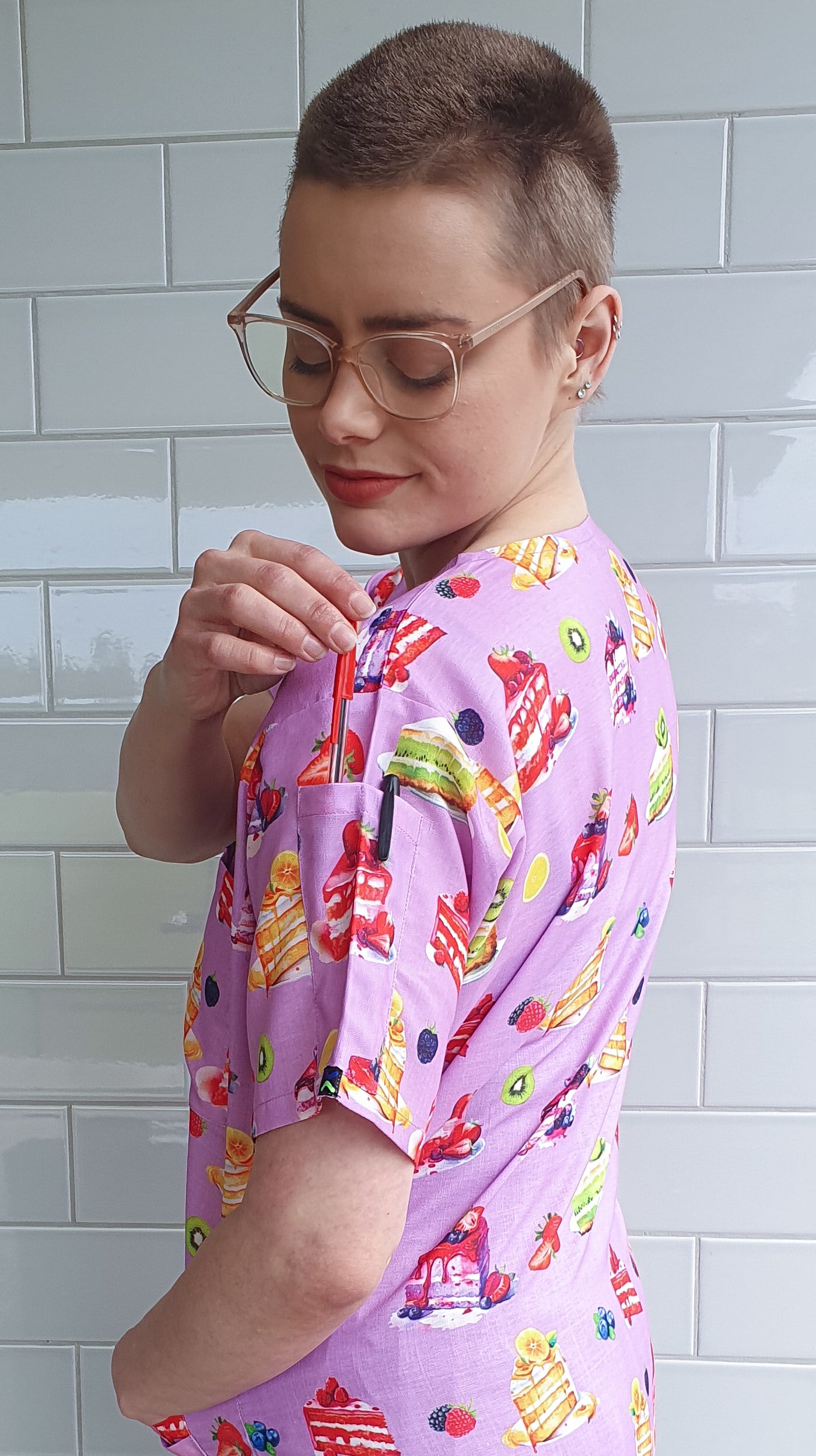 Cake Slice With Fruits Printed Fun Scrub Top Australia