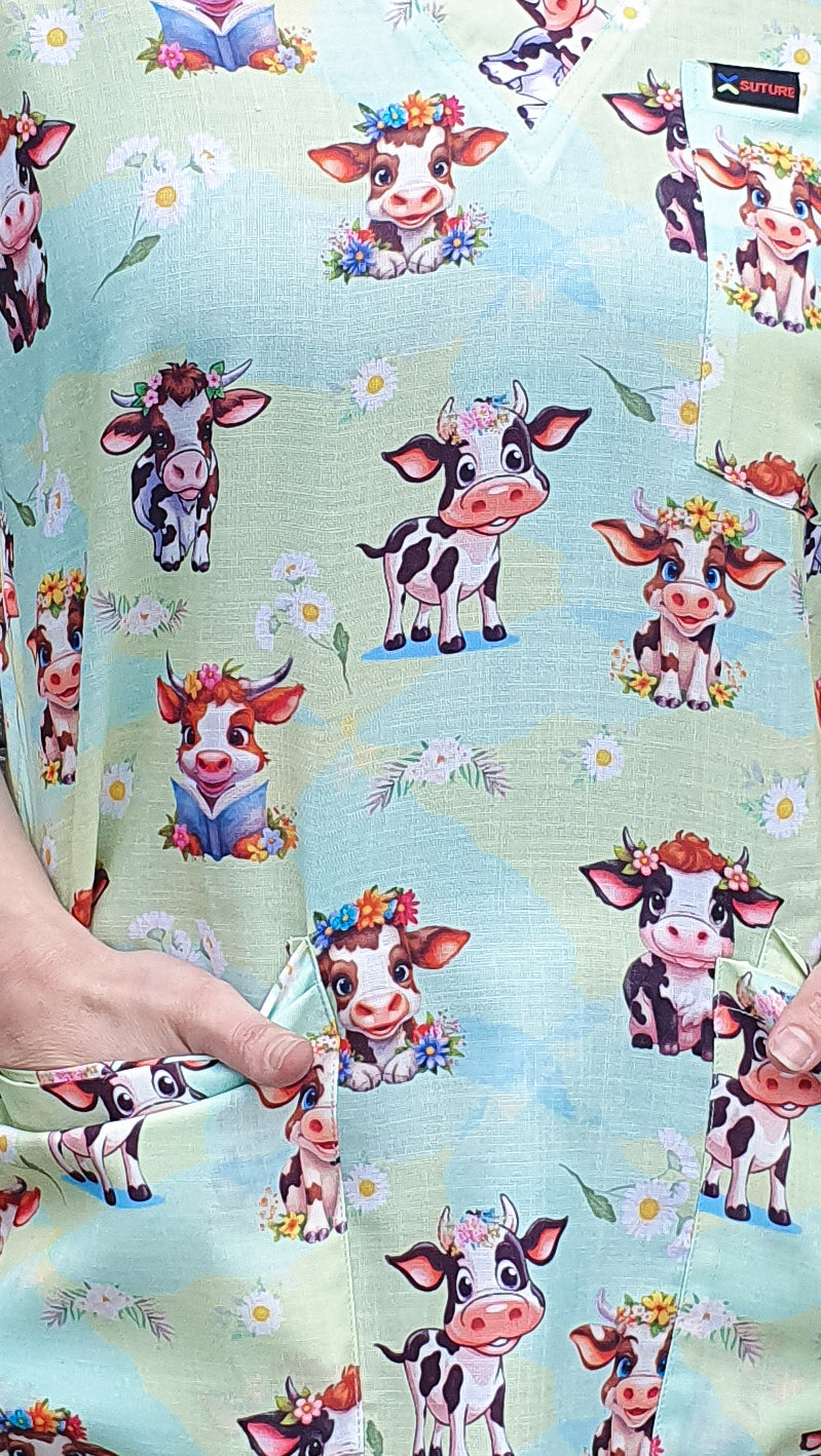 Cute Cow With Flowers Printed Fun Scrub Top Australia