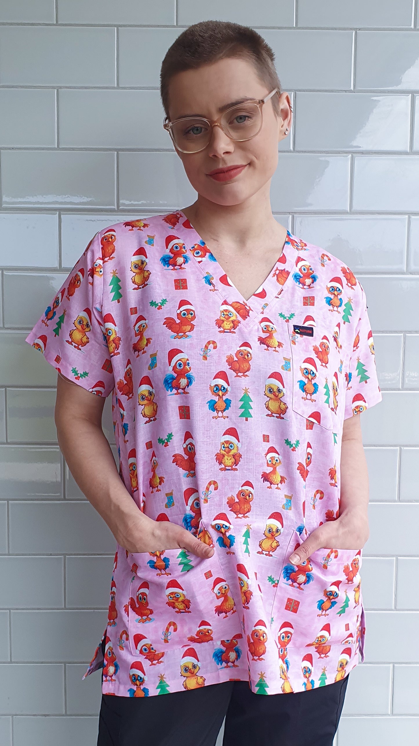 Cute Chicken With Christmas Hat Printed Scrub Top Australia