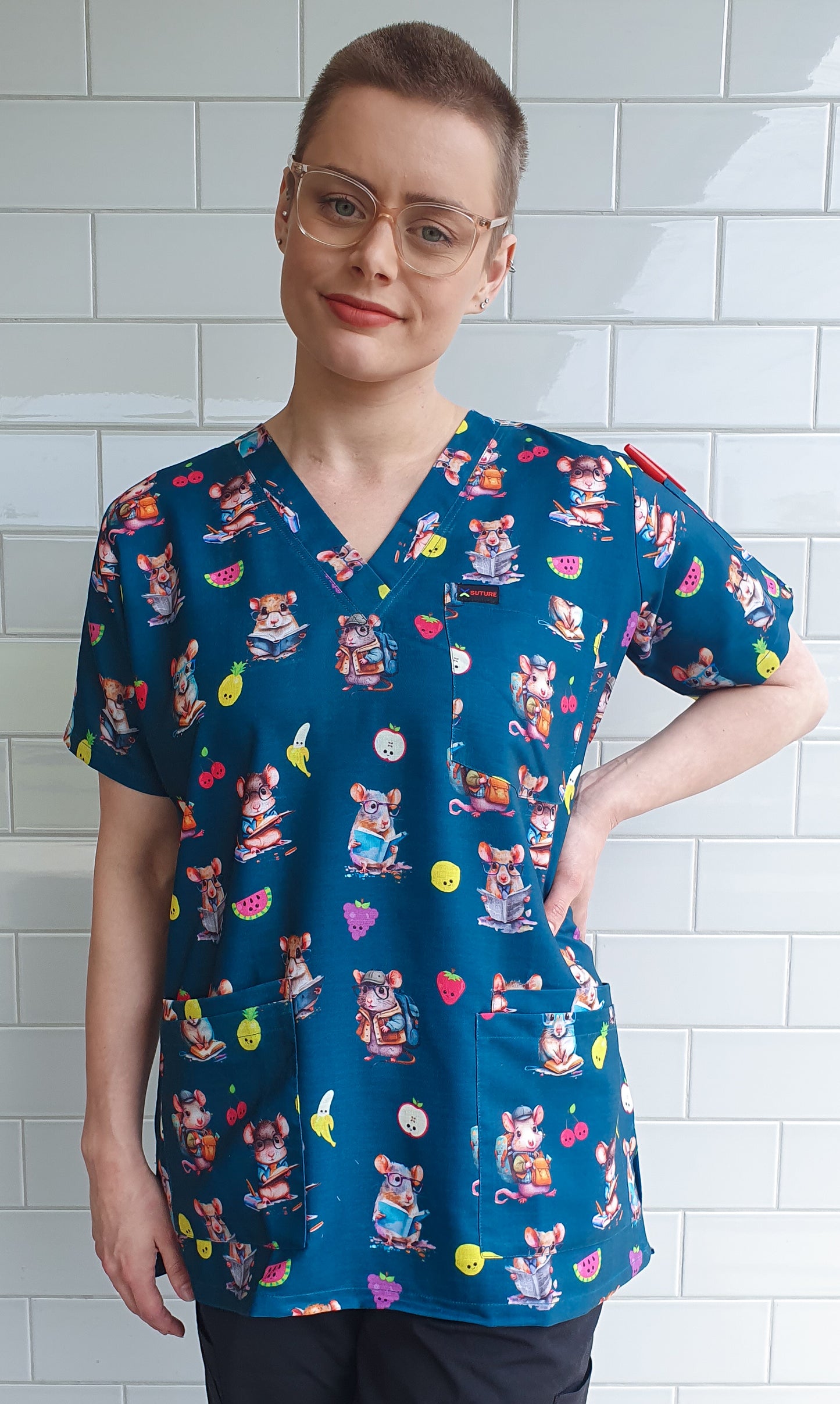 Mouse Rat With Glasses Printed Fun Scrub Top Australia