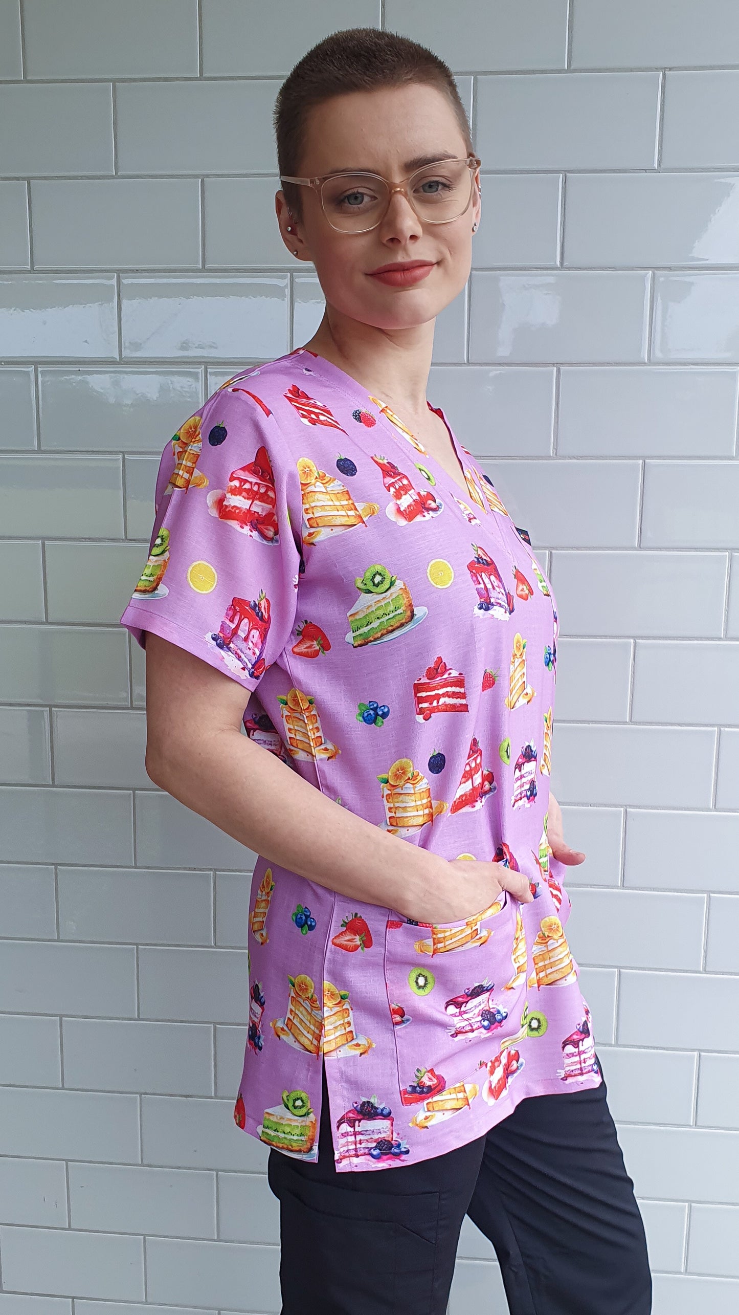 Cake Slice With Fruits Printed Fun Scrub Top Australia