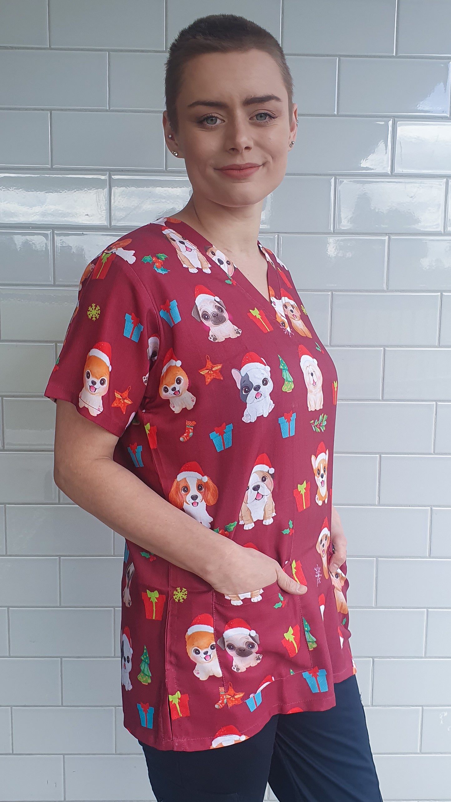 Dog Christmas Printed Medical Nursing Scrub Top Red