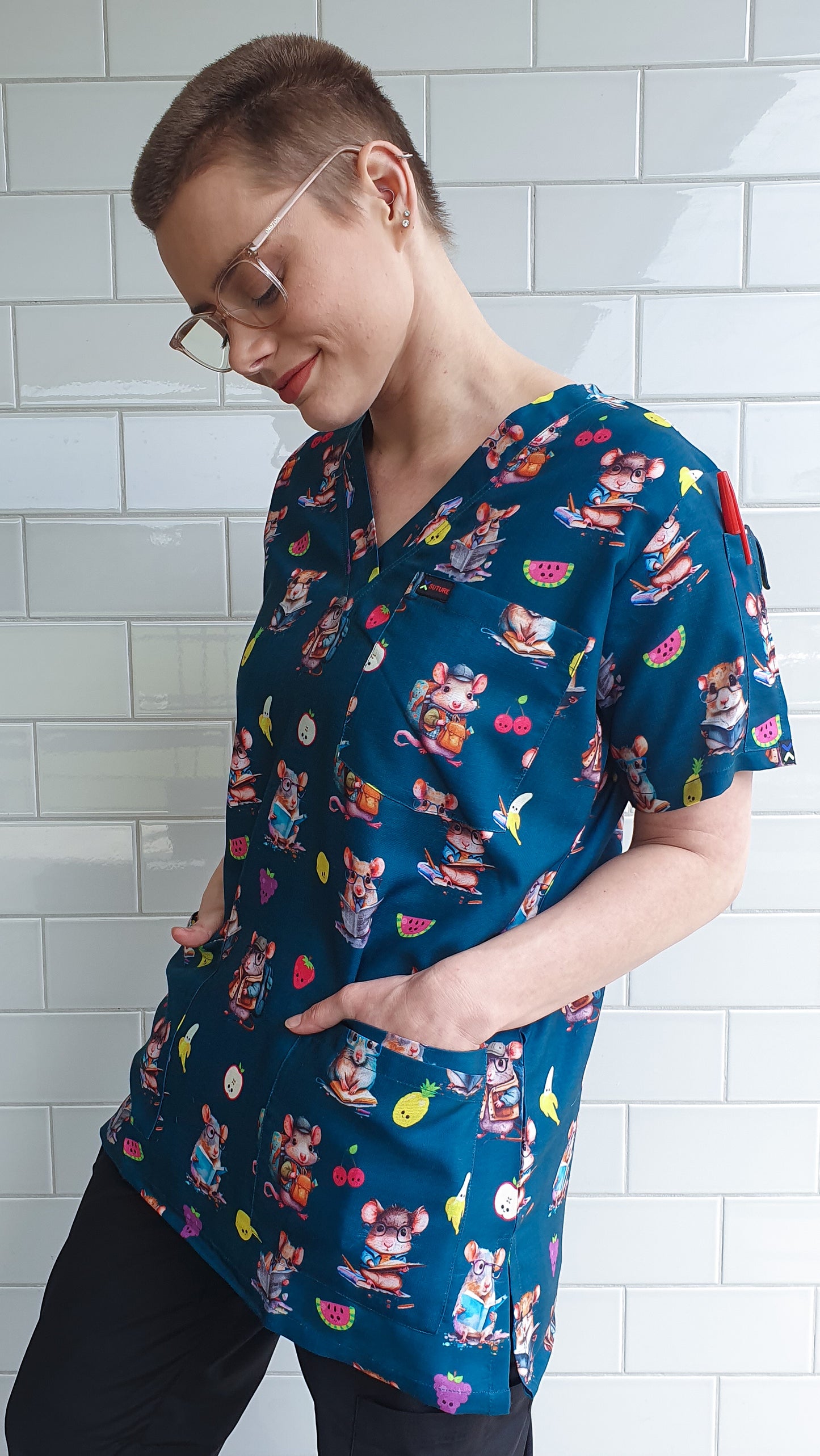 Mouse Rat With Glasses Printed Fun Scrub Top Australia