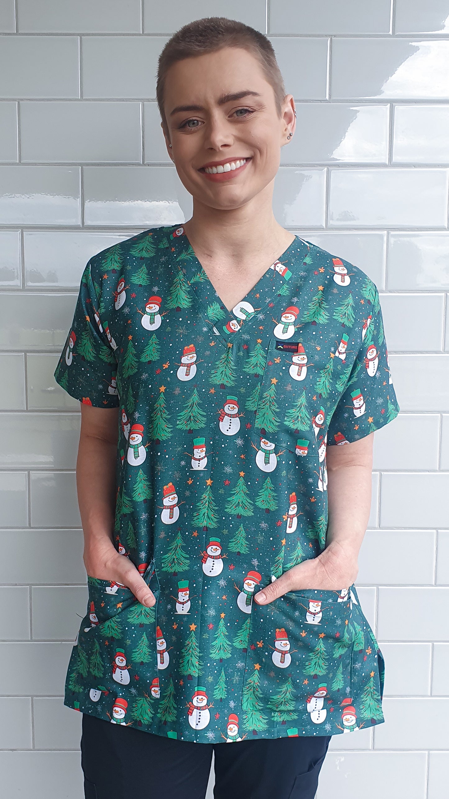 Christmas Snowman and Trees  Printed Scrub Top Australia