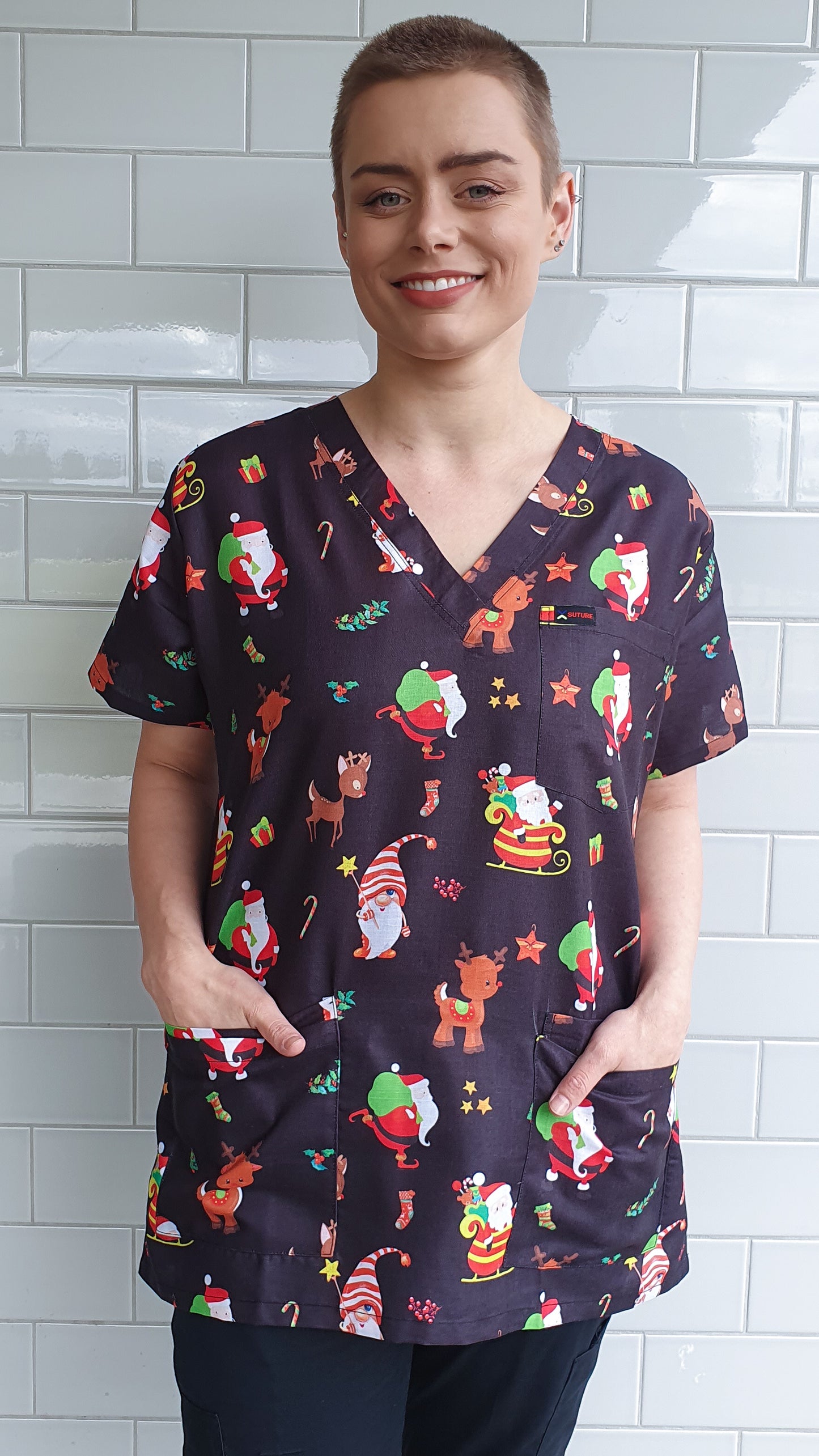 Santa Reindeer Printed Black Christmas Scrub Top Australia