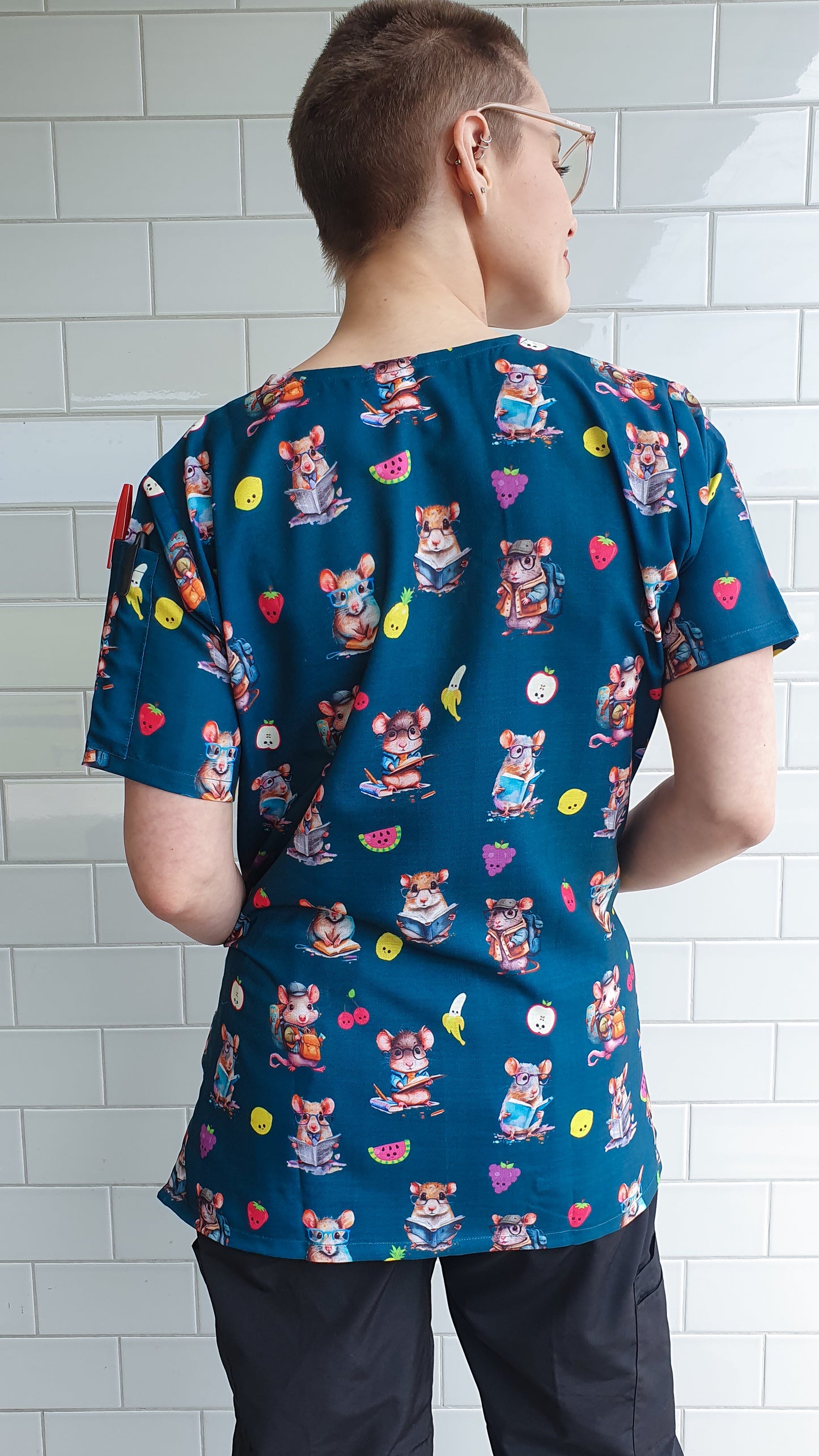 Mouse Rat With Glasses Printed Fun Scrub Top Australia