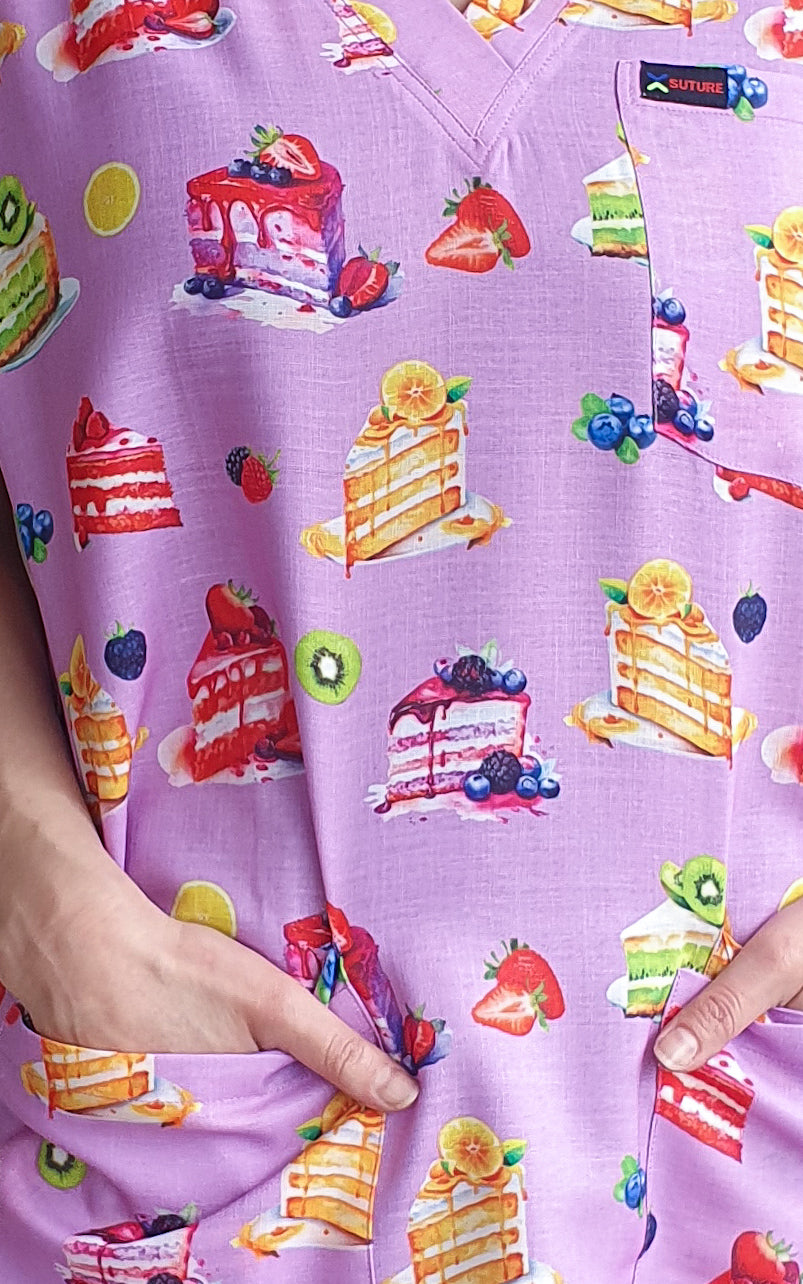 Cake Slice With Fruits Printed Fun Scrub Top Australia