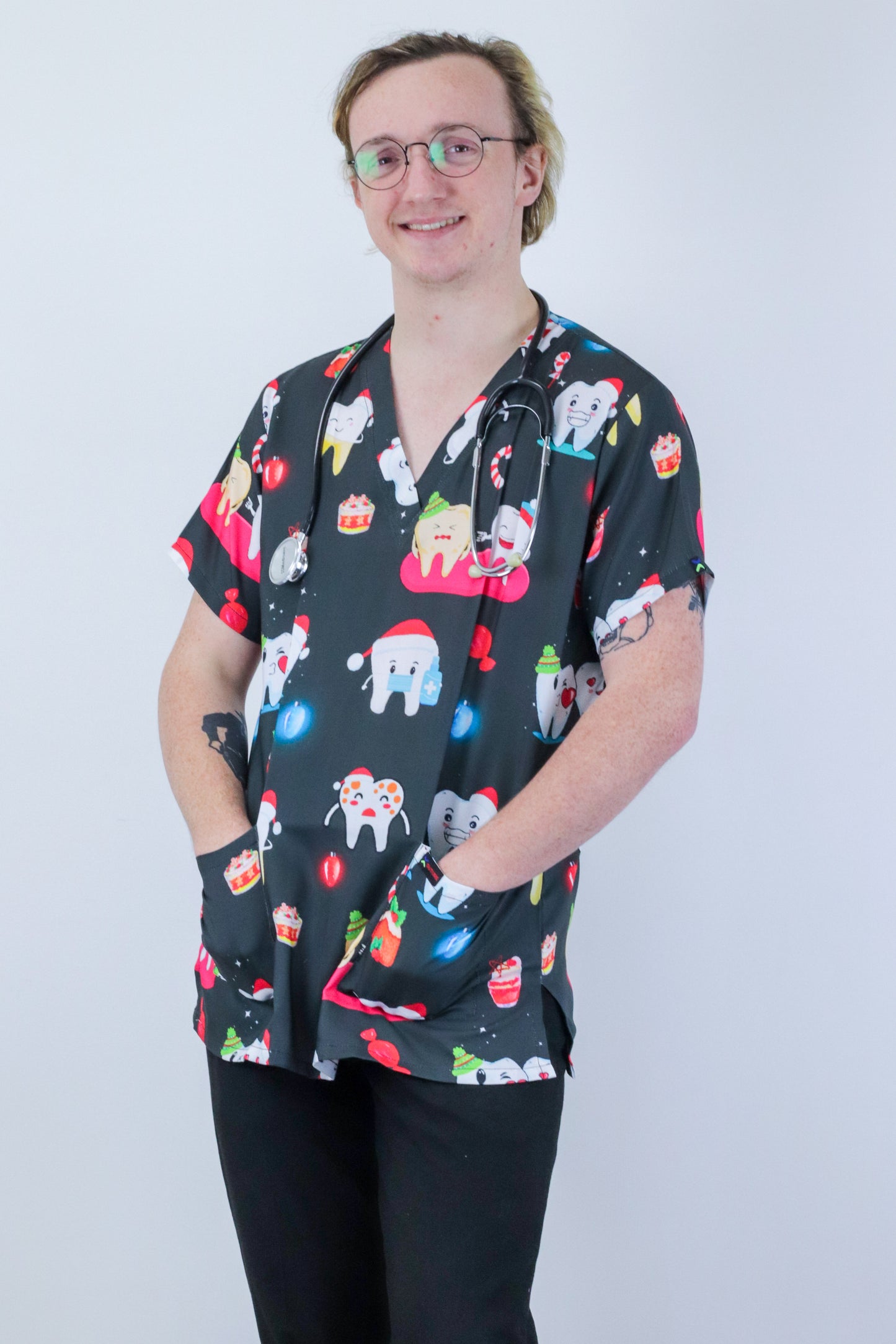 Glowing  Tooth Printed Christmas Scrub Top Australia Dentist Dental Hospital