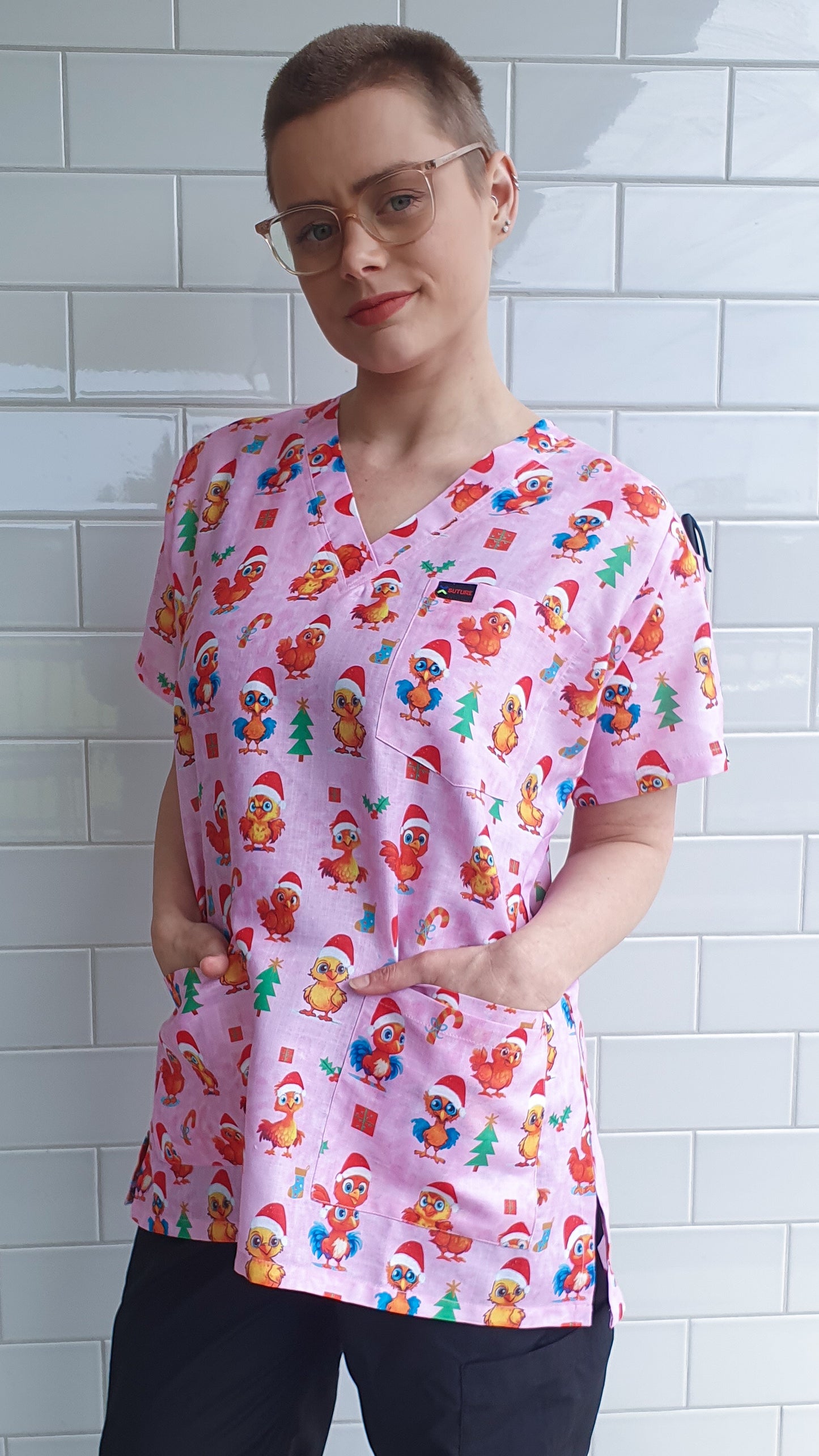 Cute Chicken With Christmas Hat Printed Scrub Top Australia