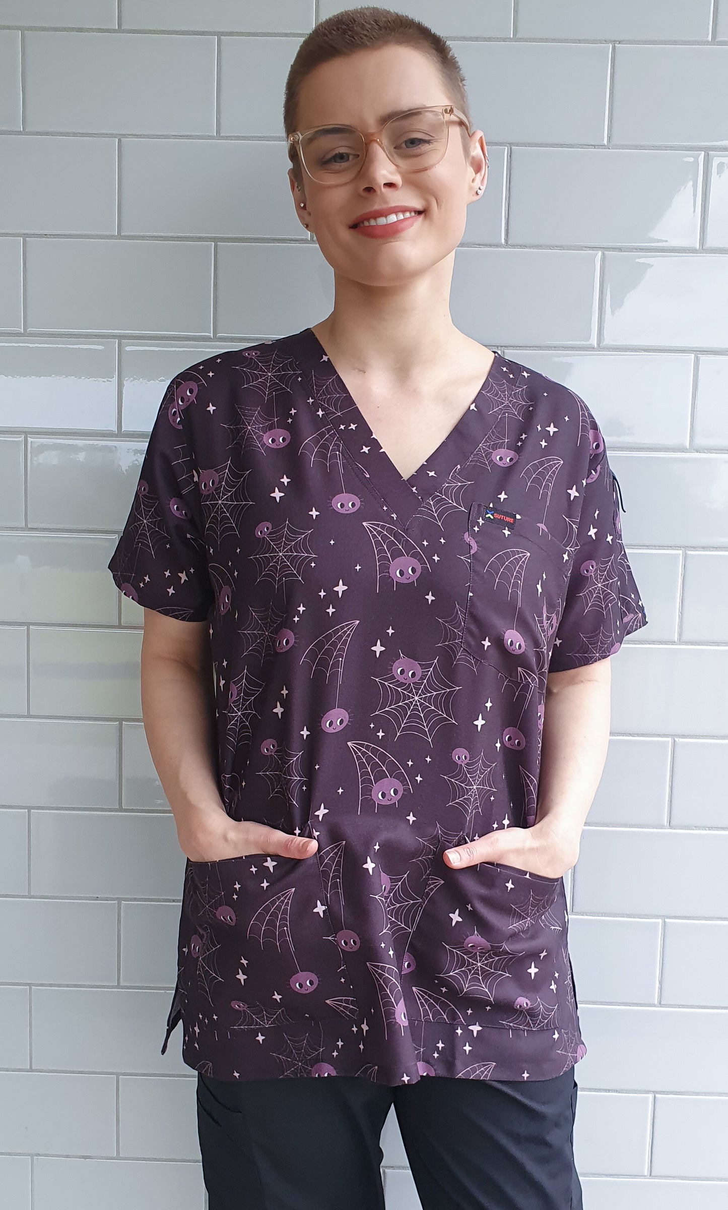 Halloween Printed Scrub Top Spider Web print  For  Nursing Medical