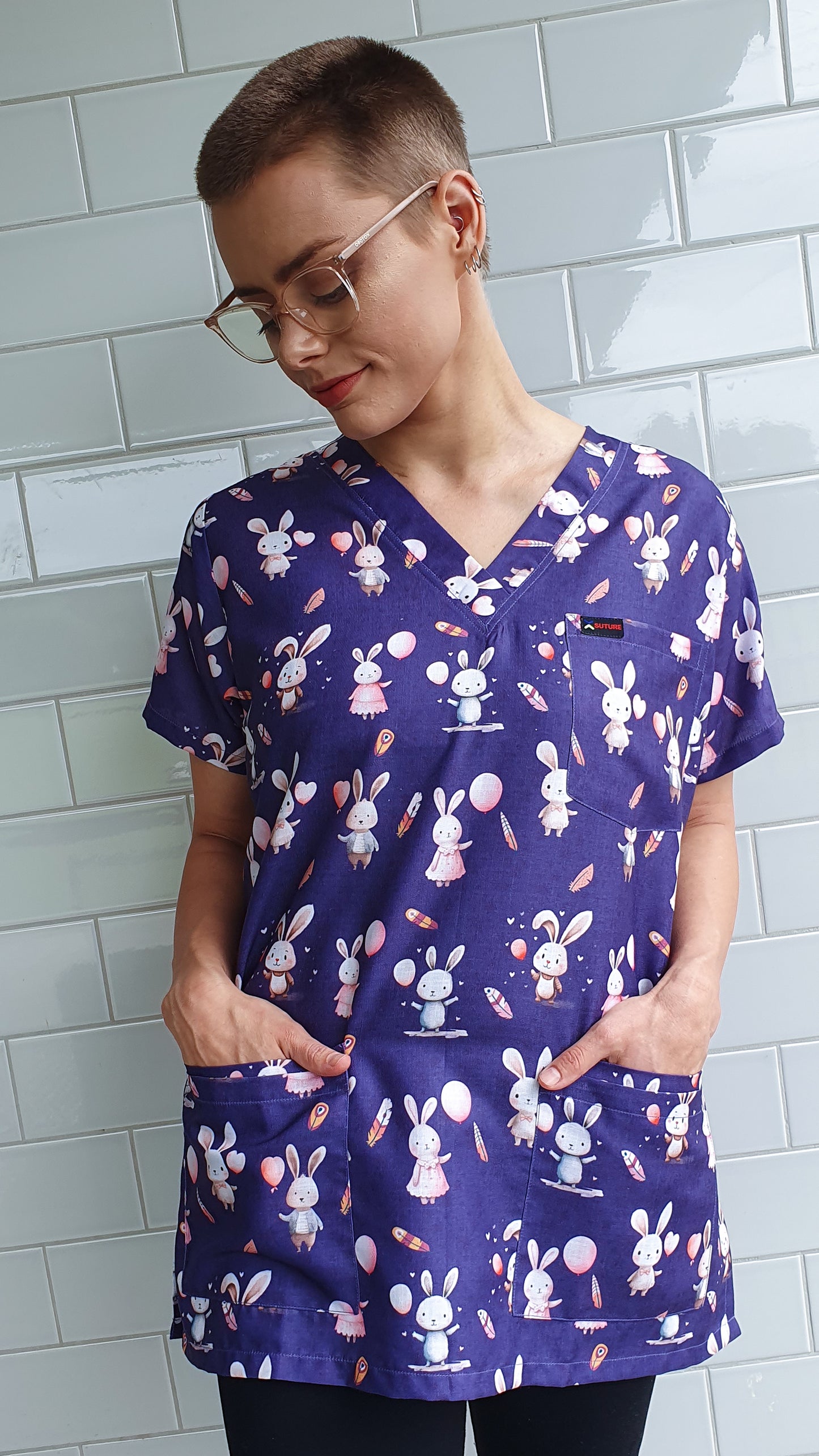 Easter Bunny With Baloon And Feathers  Printed Fun Scrub Top Australia