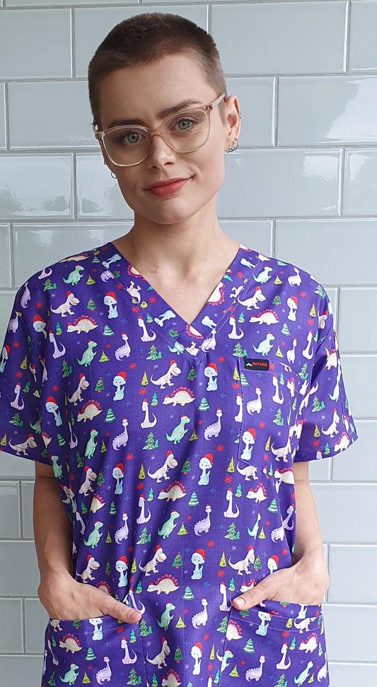 Cute Dinosaur Printed Christmas  Fun  Scrub Top Australia