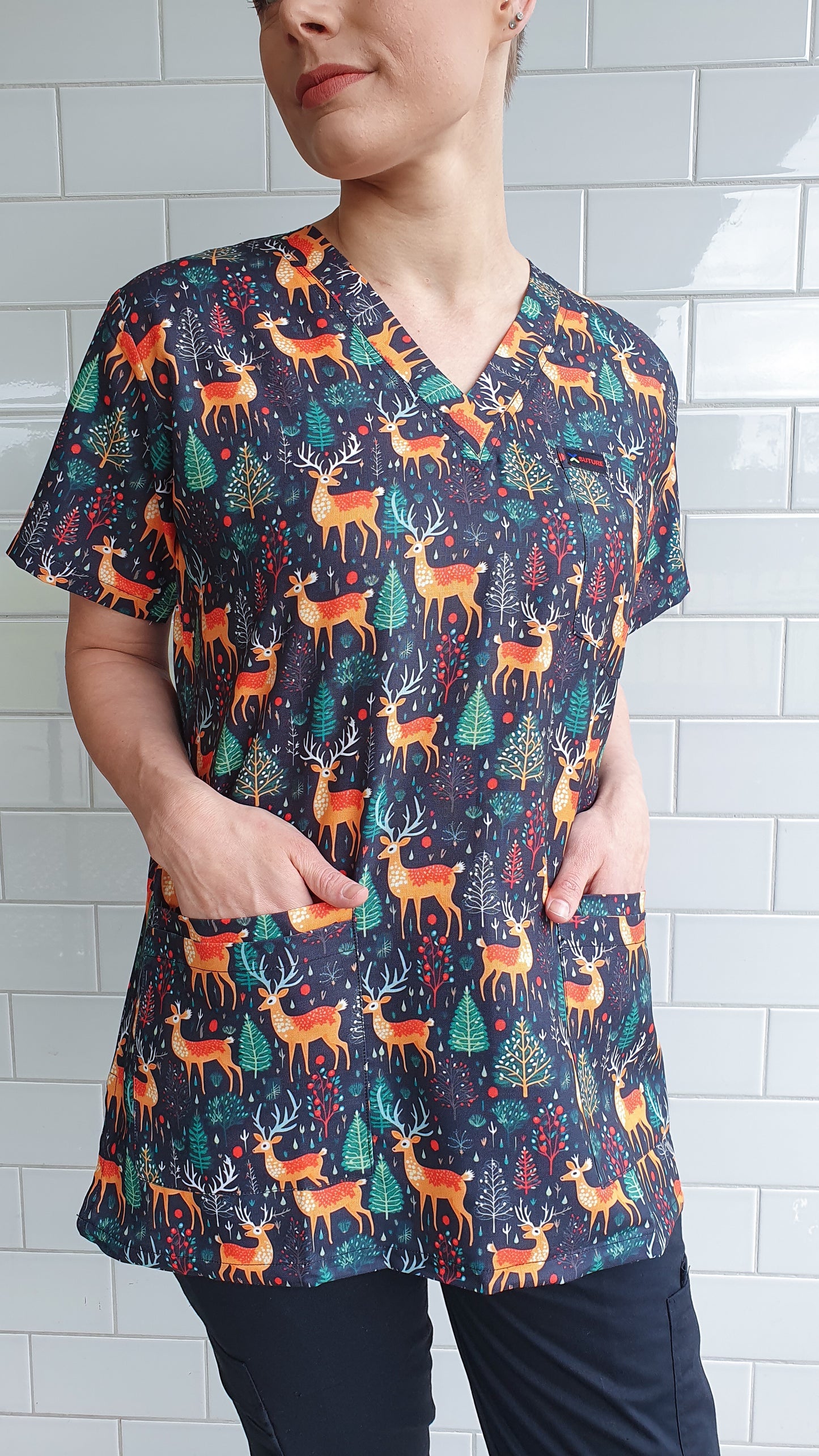 Cute Reindeer  Printed Christmas Scrub Top Australia