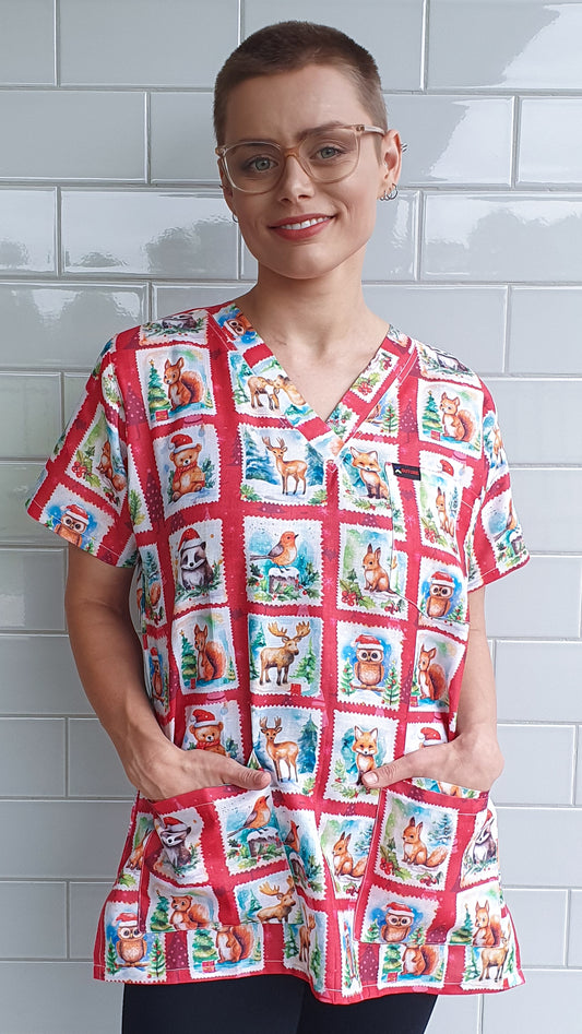 Christmas Animal Stamp Printed Fun  Scrub Top Australia