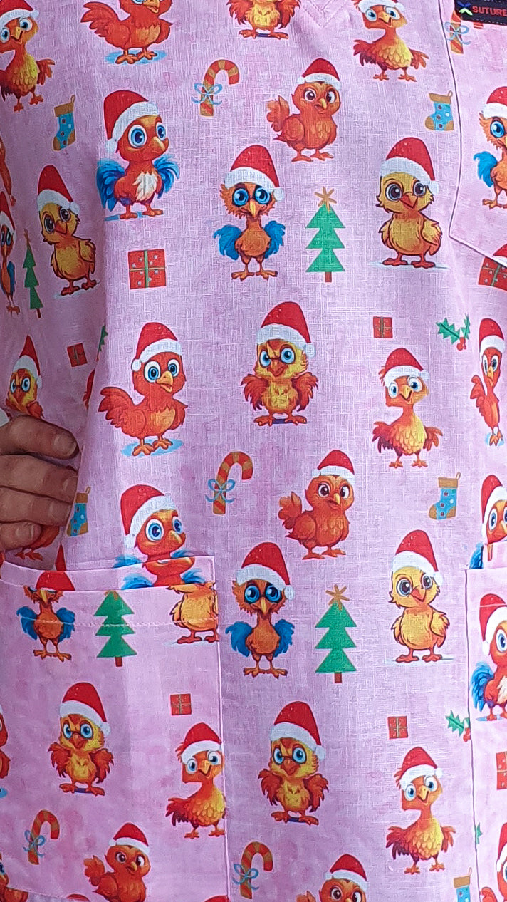 Cute Chicken With Christmas Hat Printed Scrub Top Australia