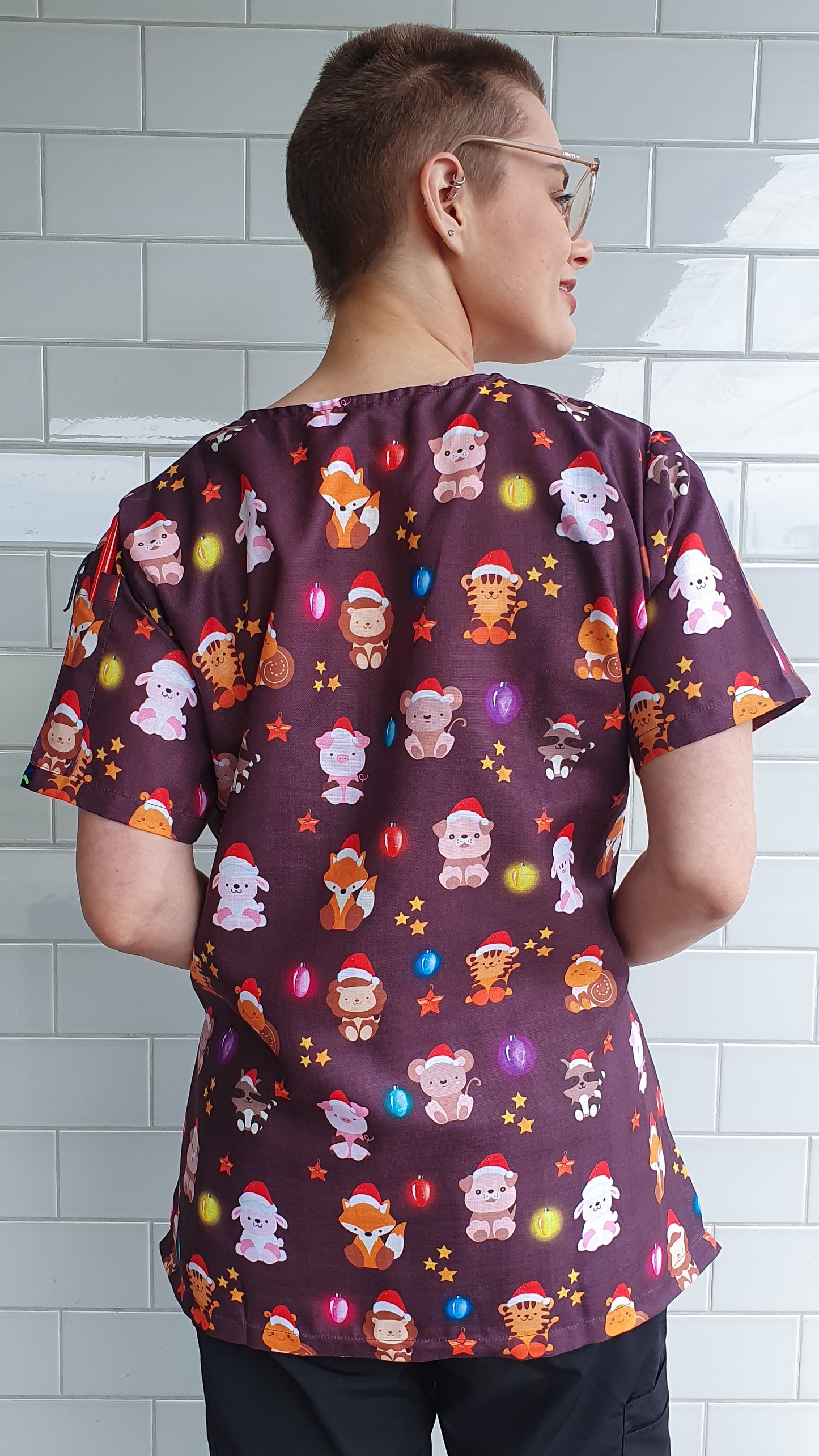 Cute Animal With Glowing Christmas Light Printed Scrub Top Australia