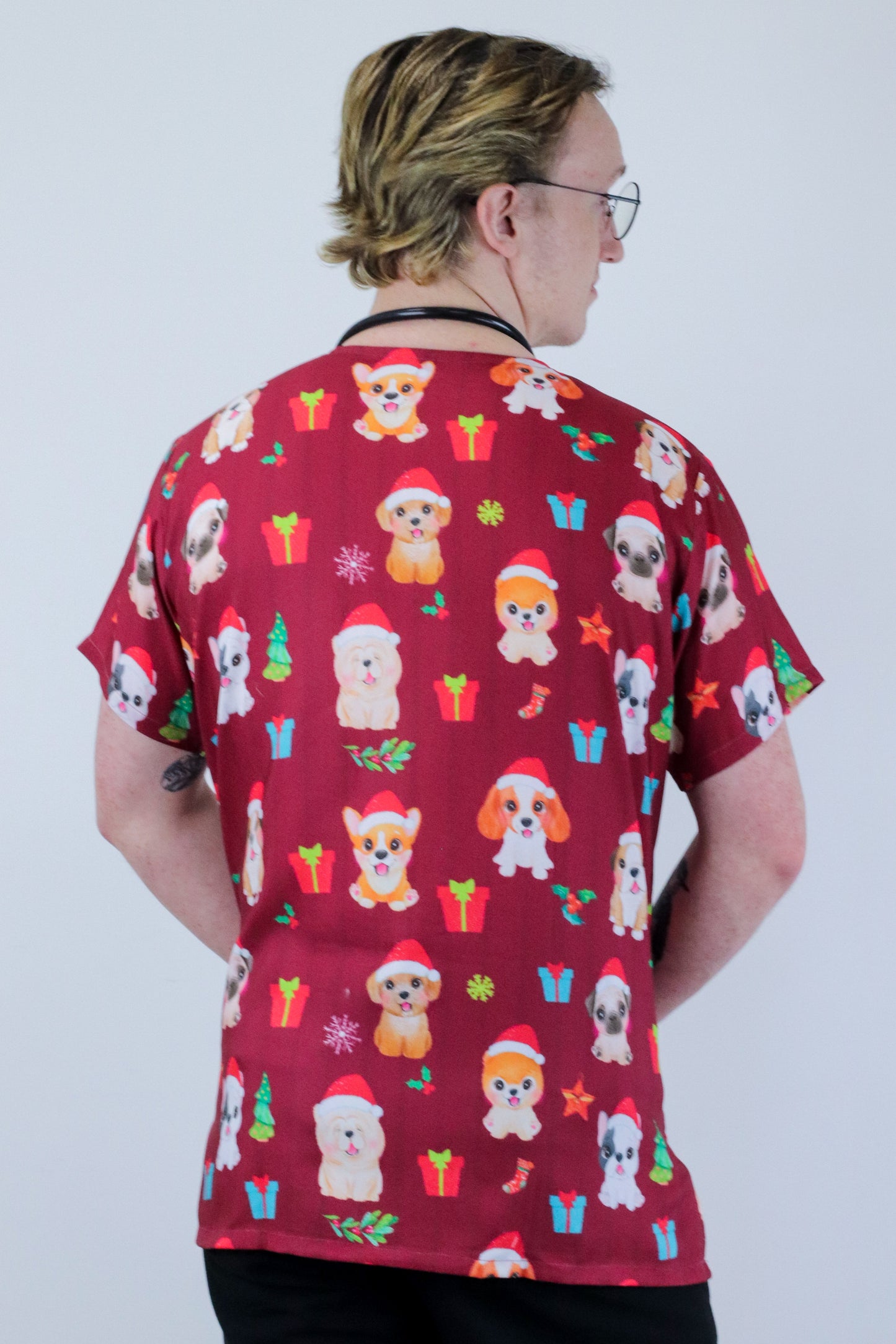 Dog Christmas Printed Medical Nursing Scrub Top Red