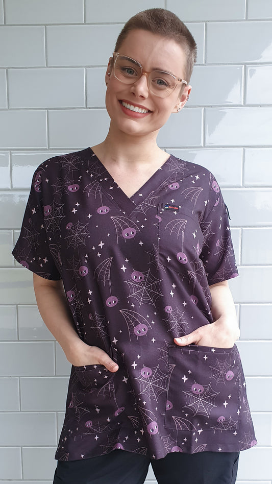 Halloween Printed Scrub Top Spider Web print  For  Nursing Medical