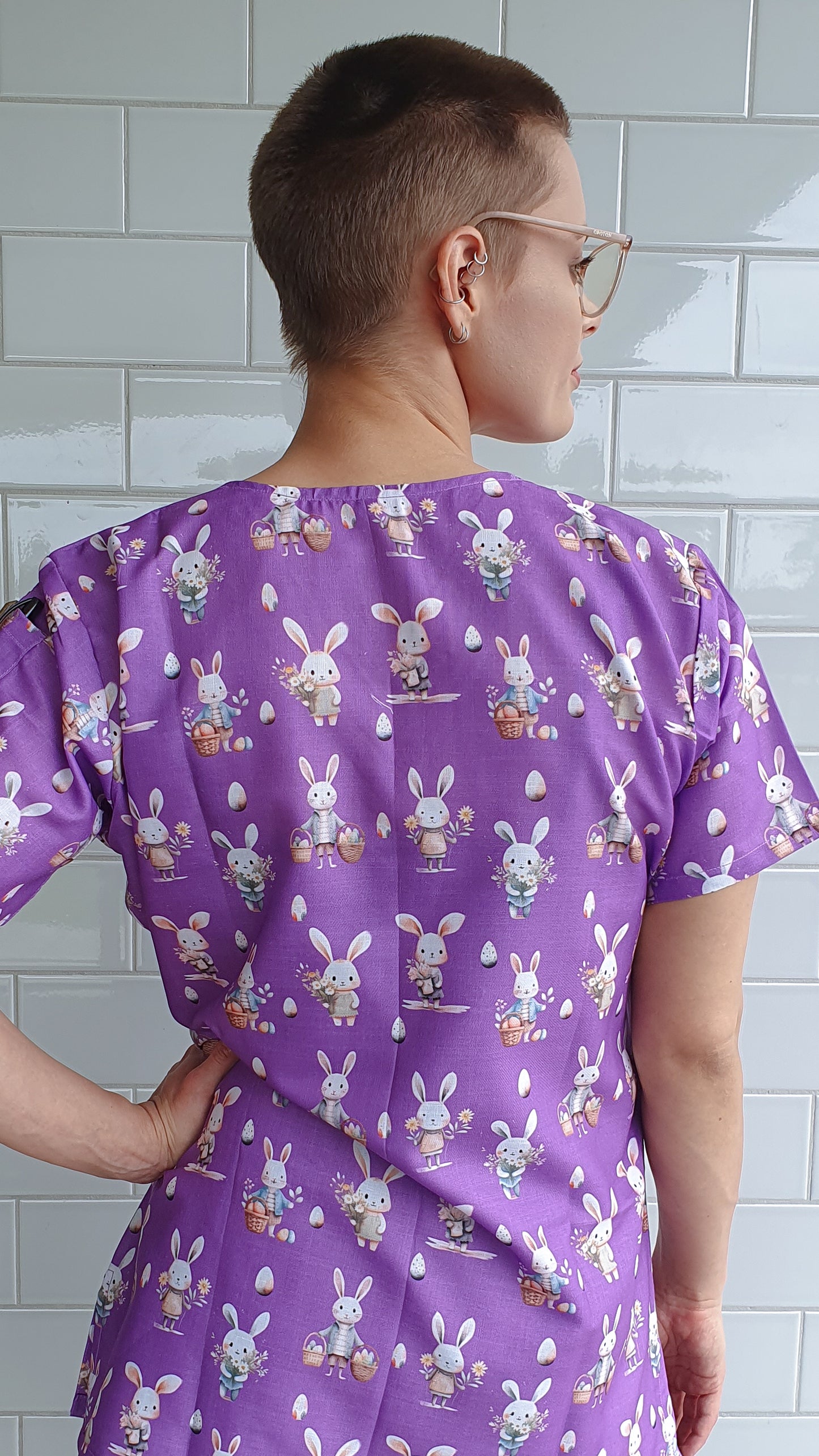 Easter Bunny Egg And Flower Basket Printed Fun Scrub Top Australia