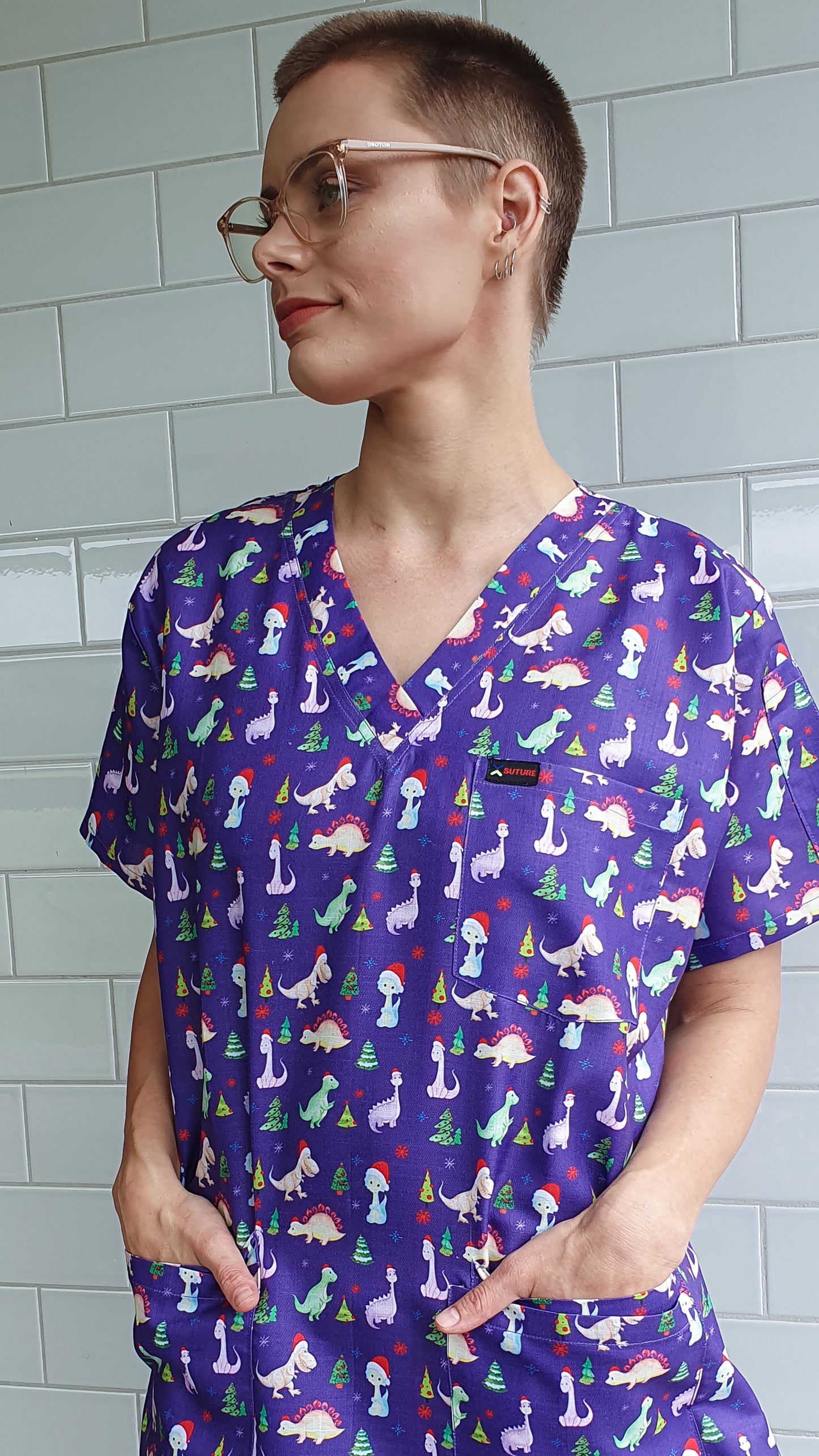 Cute Dinosaur Printed Christmas  Fun  Scrub Top Australia