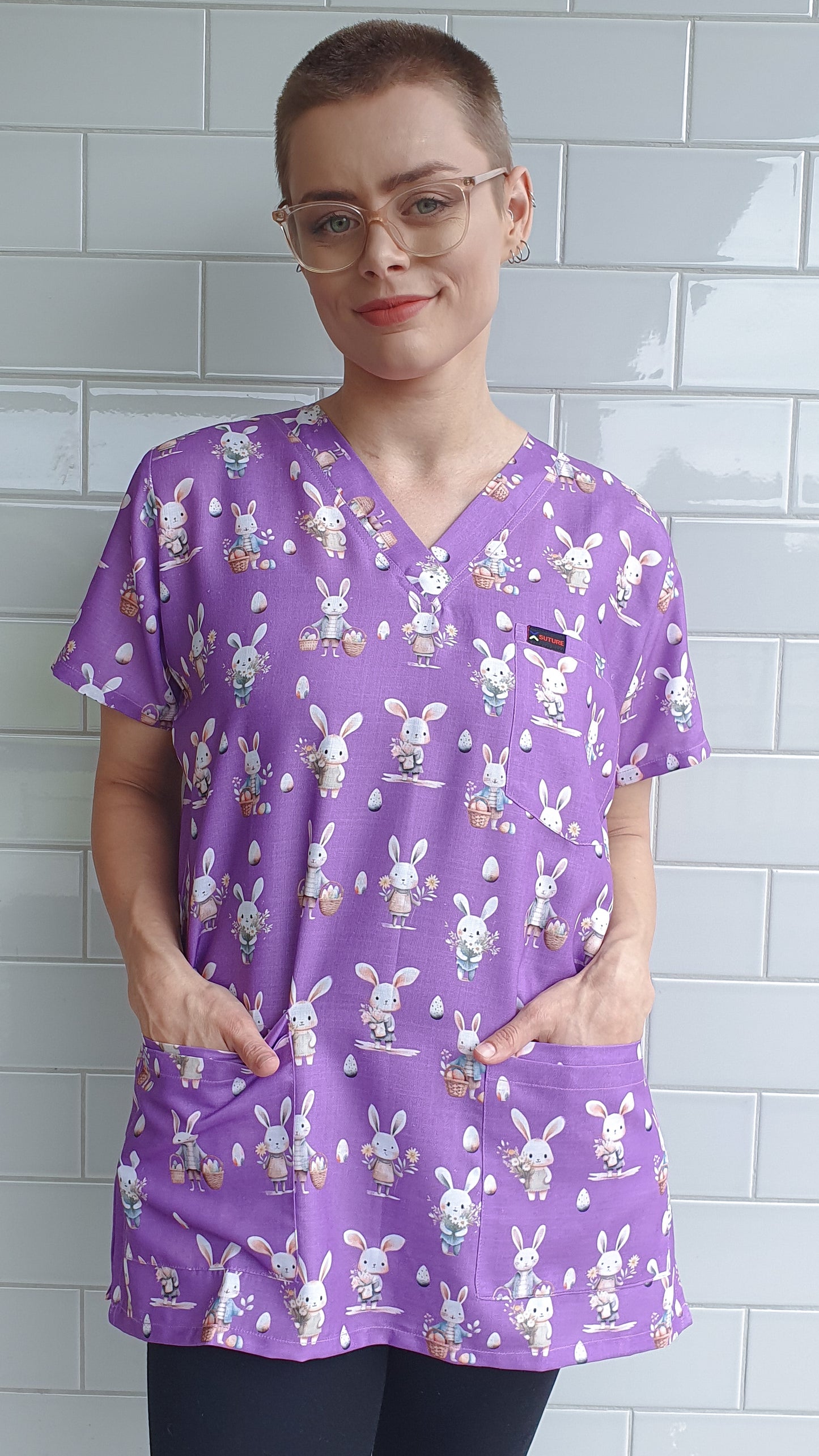 Easter Bunny Egg And Flower Basket Printed Fun Scrub Top Australia