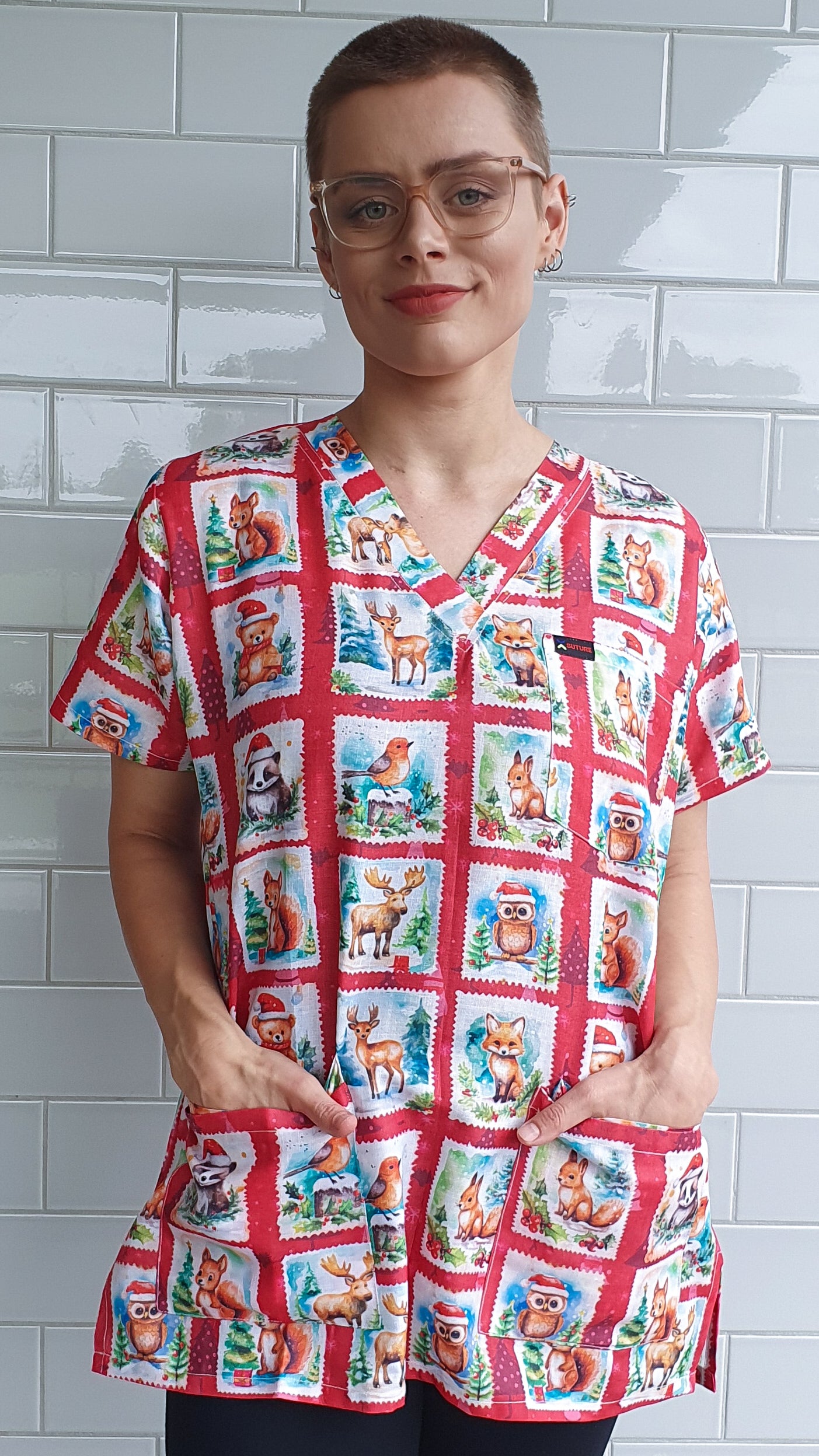 Christmas Animal Stamp Printed Fun  Scrub Top Australia