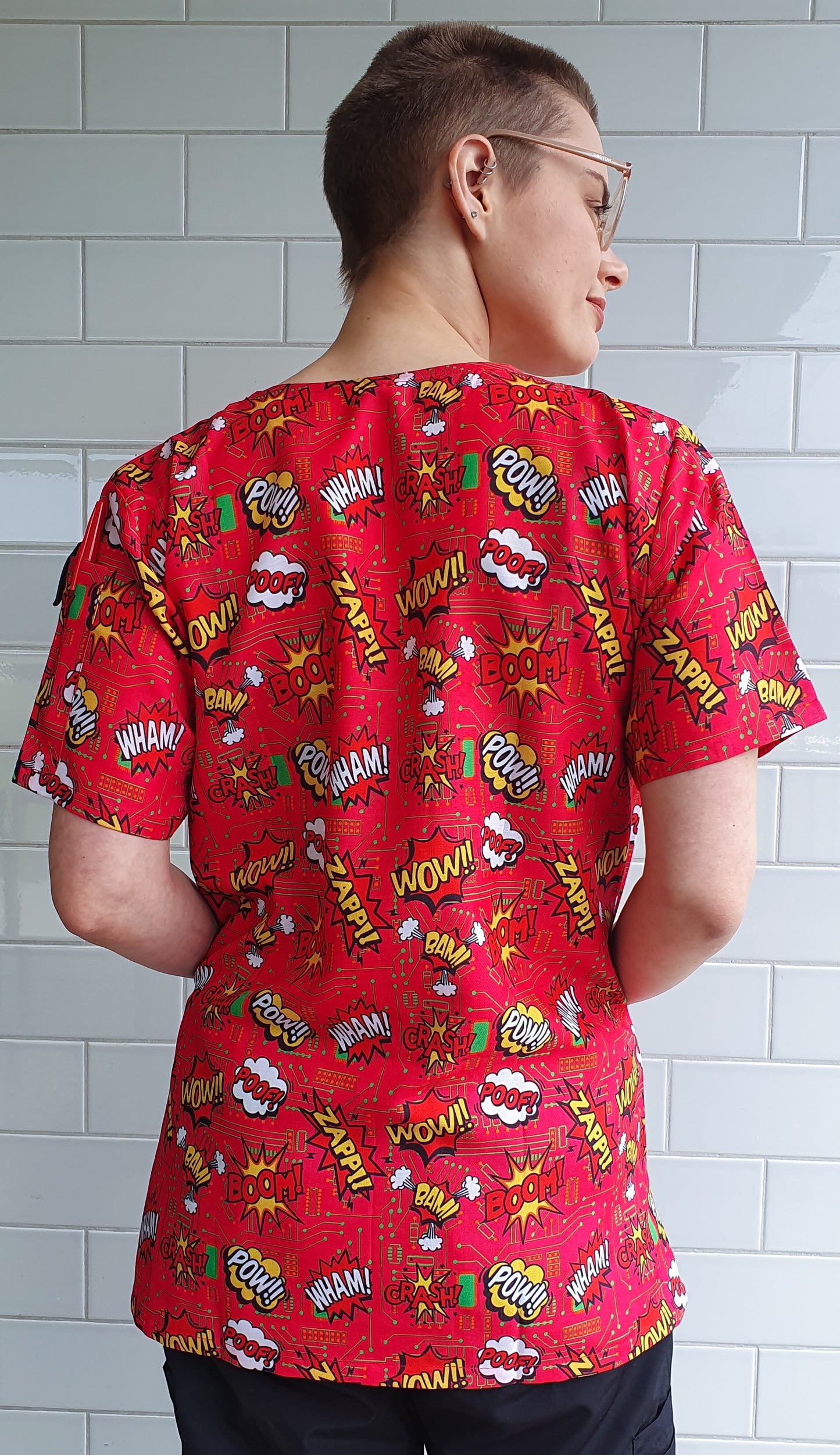 Comics Bubbles Super Hero Printed Fun Scrub Top Australia