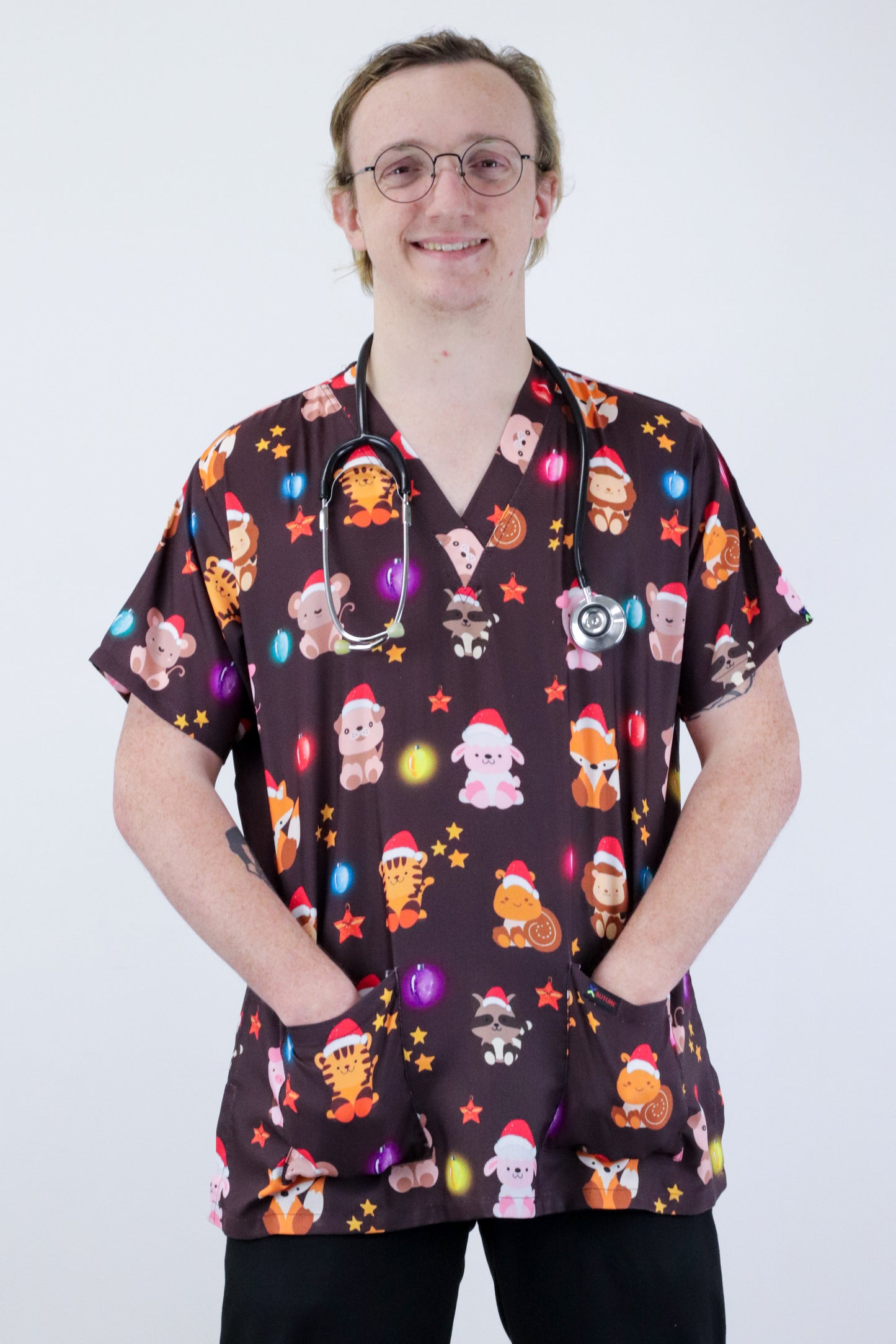 Cute Animal With Glowing Christmas Light Printed Scrub Top Australia