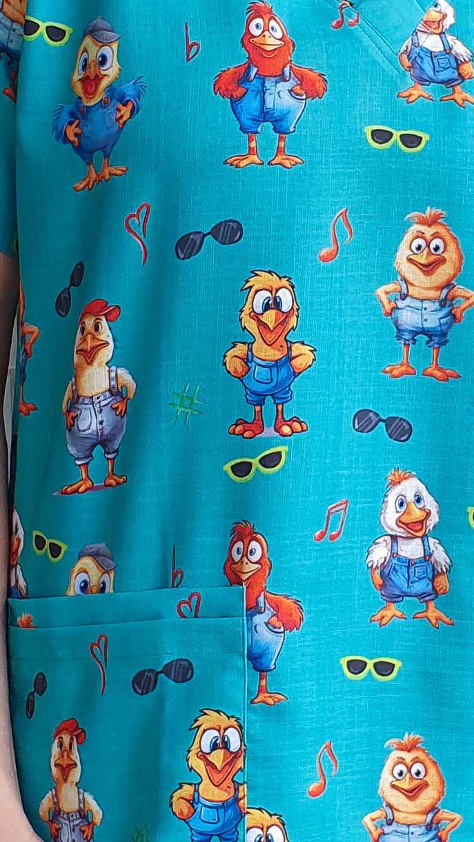 Funky Chicken With Glass  Printed Fun Scrub Top Australia