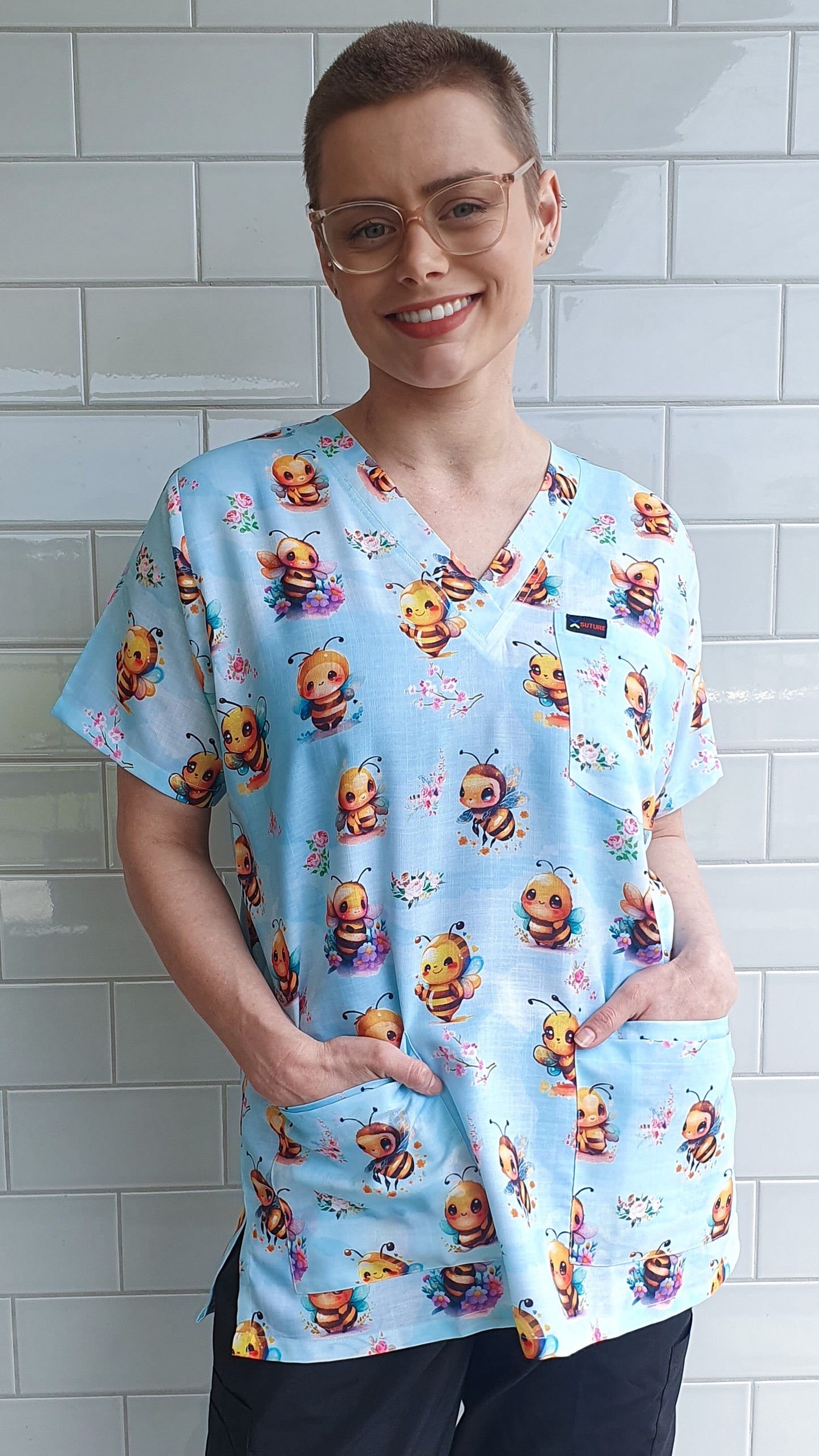 Cute Bees With Flowers Printed Fun Scrub Top Australia