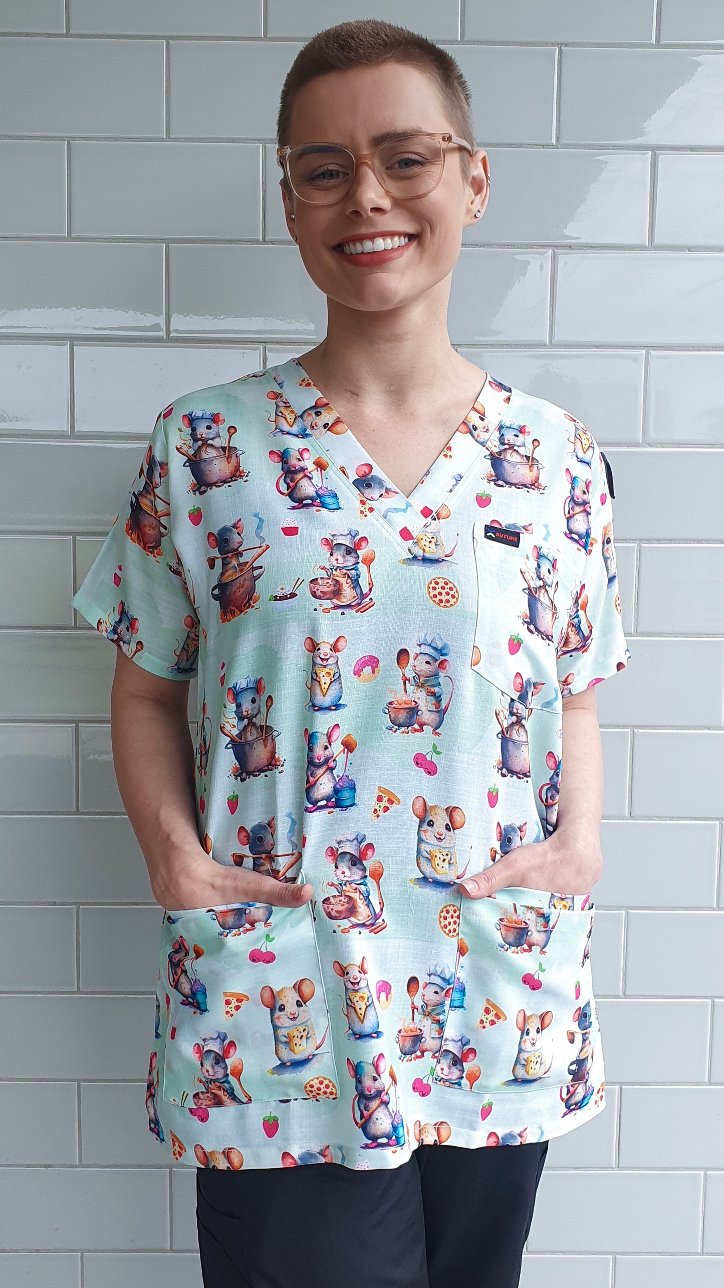 Mouse Rat With Glasses Cooking Printed Fun Scrub Top Australia