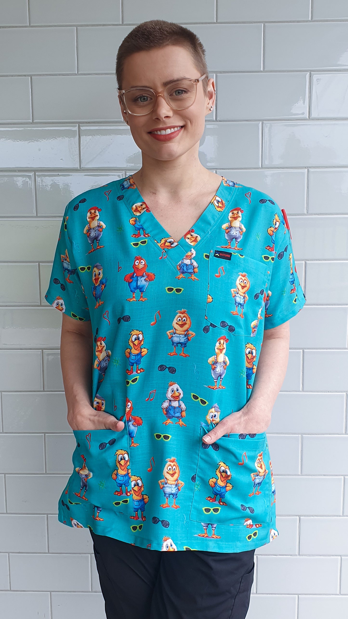 Funky Chicken With Glass  Printed Fun Scrub Top Australia