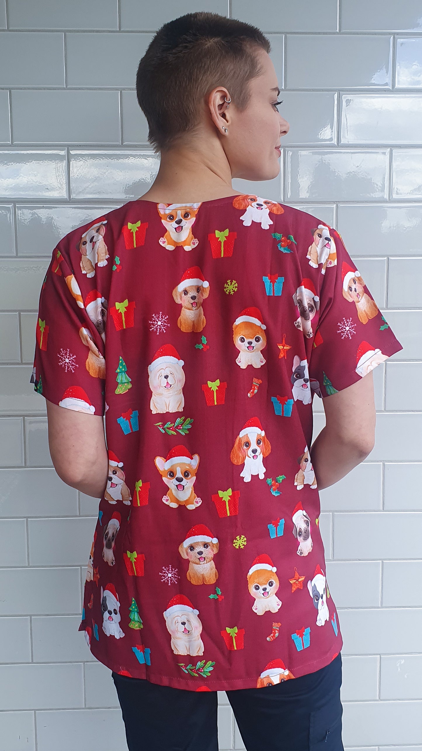 Dog Christmas Printed Medical Nursing Scrub Top Red