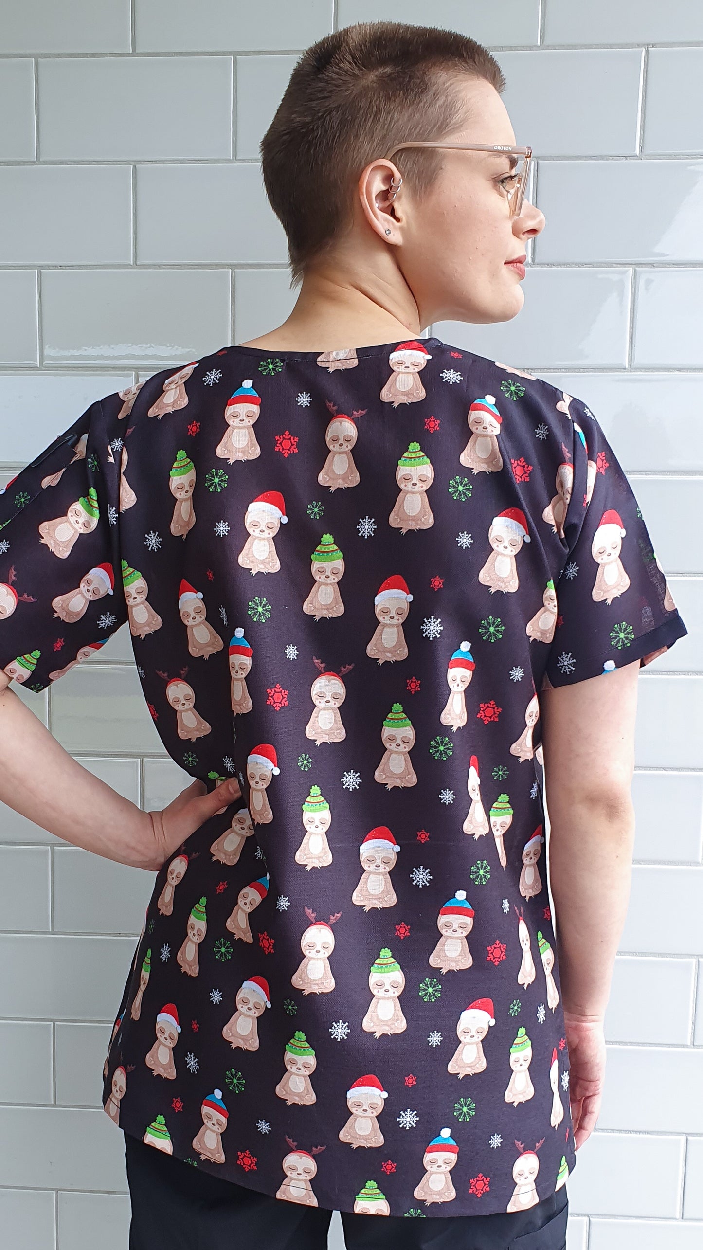 Meditating Sloth Christmas Printed Scrub Top For Women