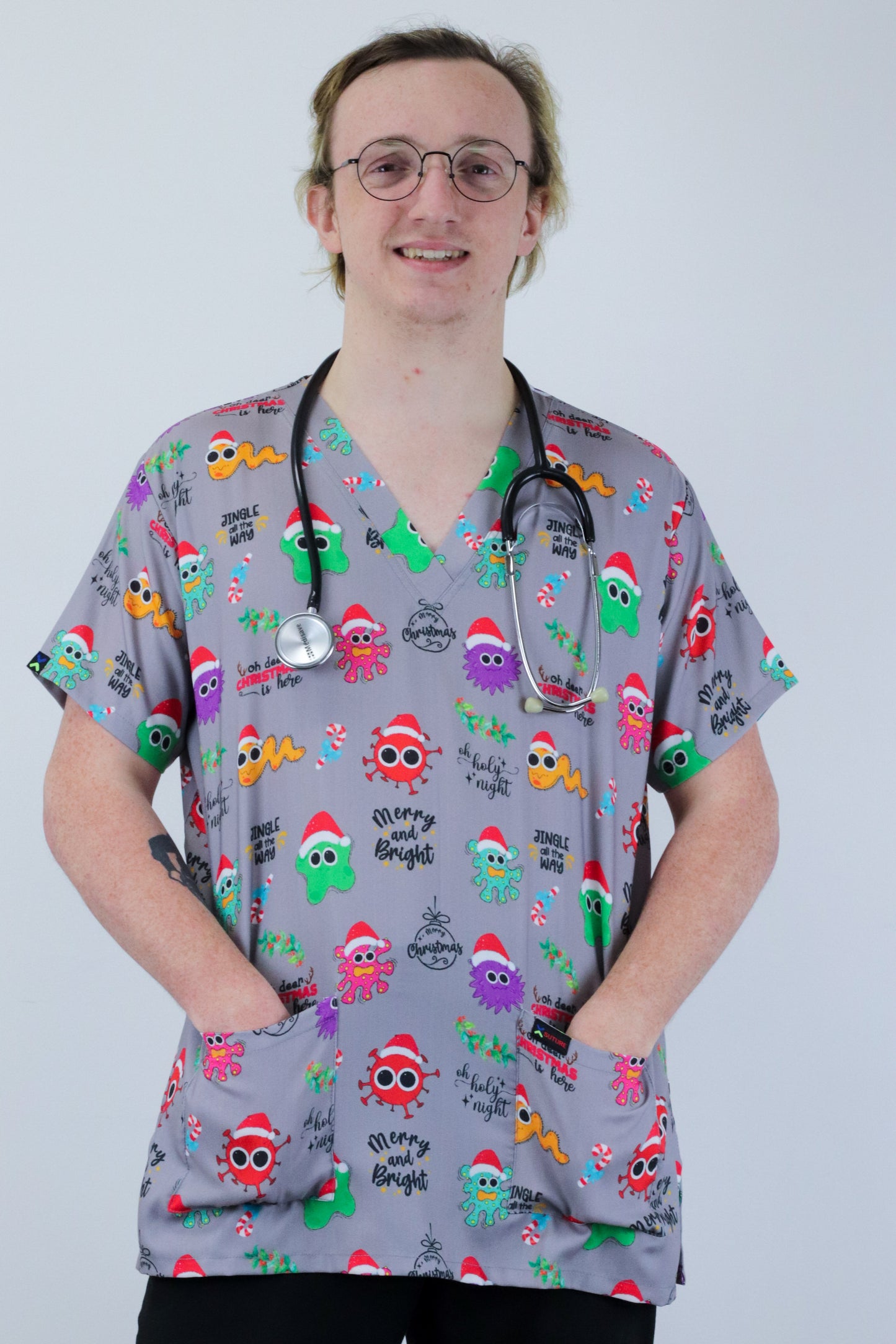 Virus Bacteria Microbs Printed Christmas Scrub Top Australia