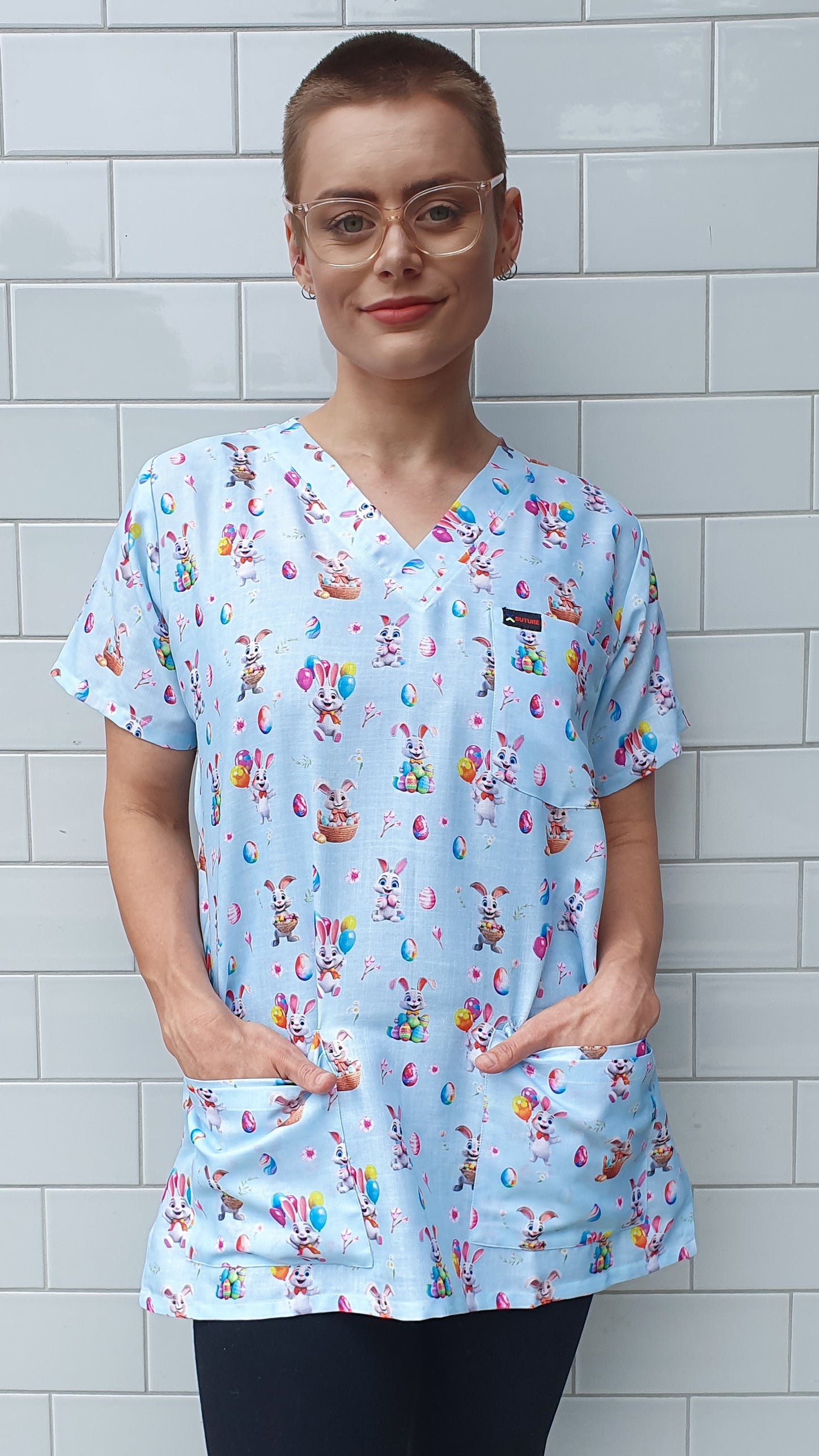 Smiling Easter Bunny with Egg And Baloon  Printed Fun Scrub Top Australia