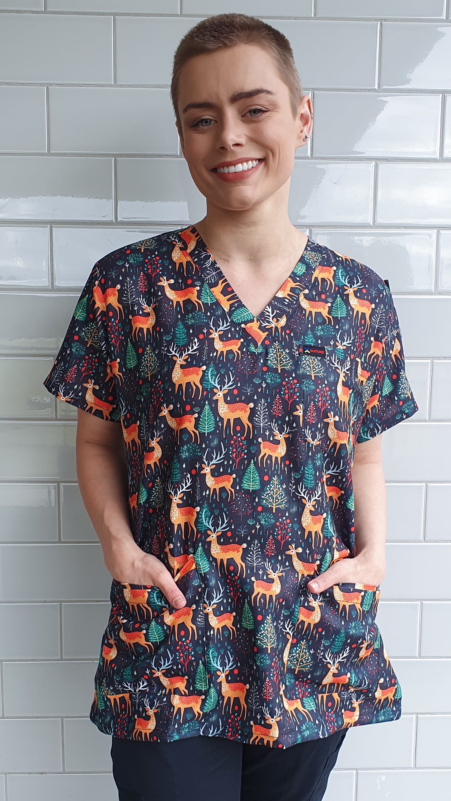 Cute Reindeer  Printed Christmas Scrub Top Australia