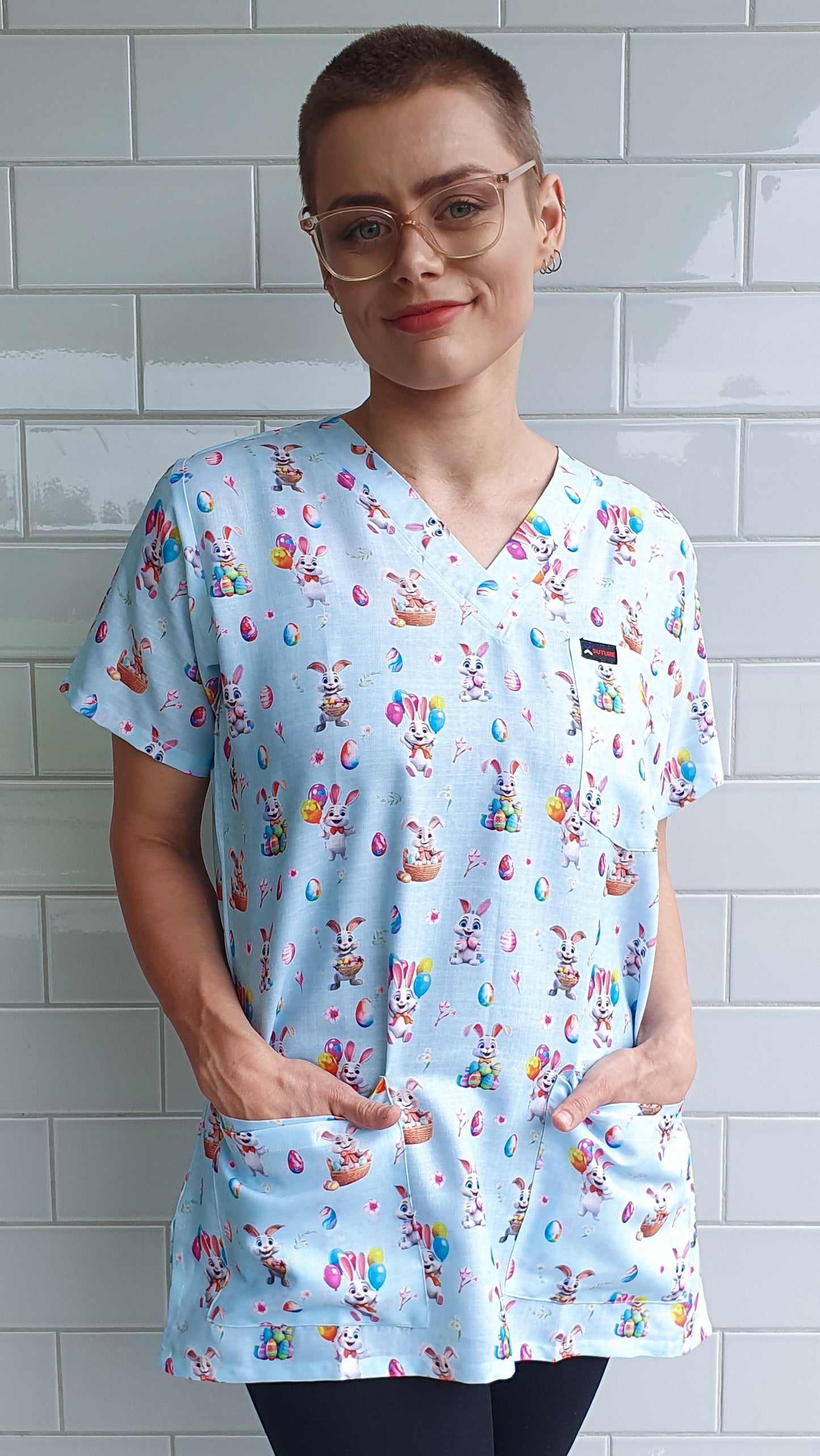 Smiling Easter Bunny with Egg And Baloon  Printed Fun Scrub Top Australia