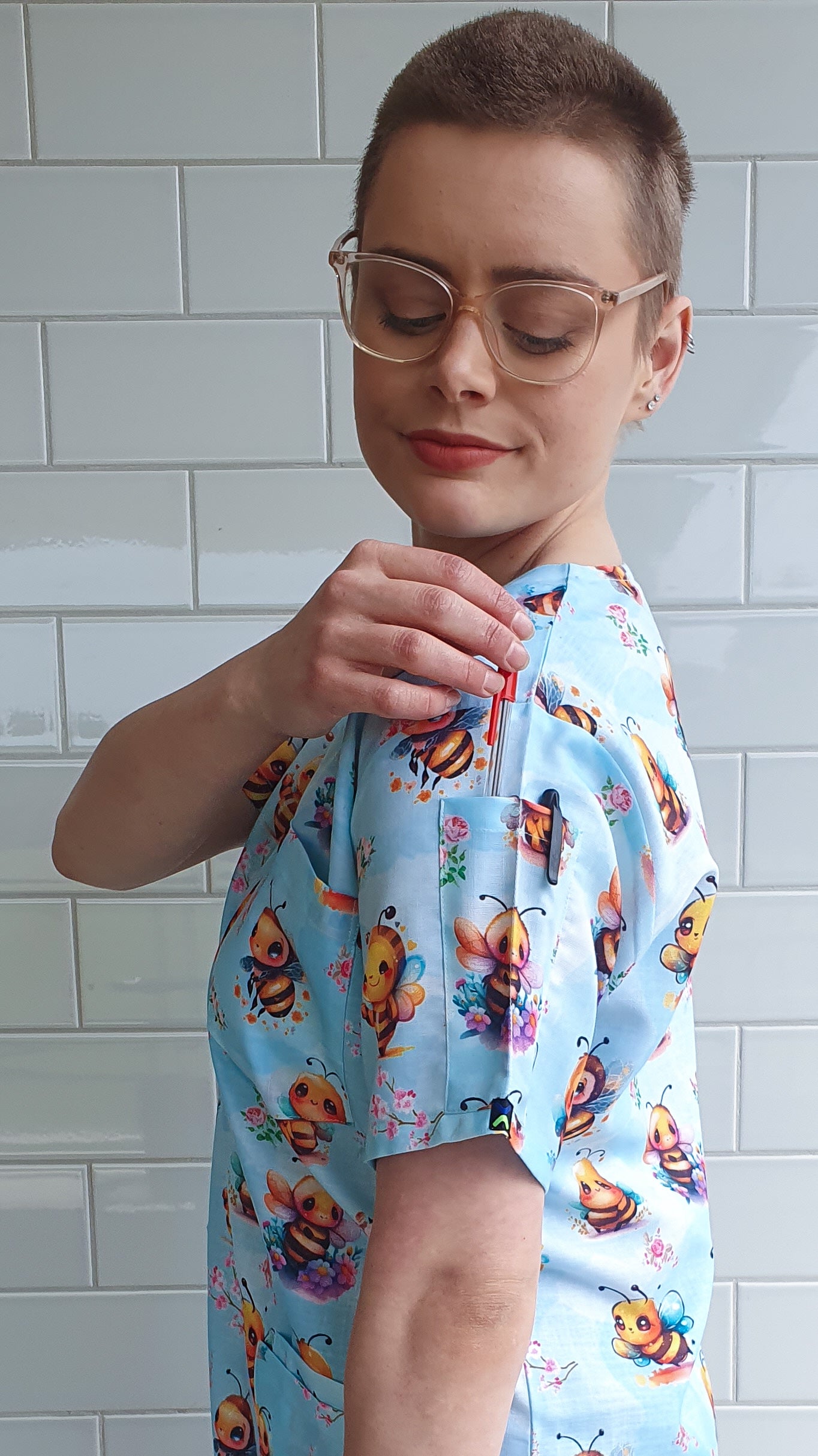 Cute Bees With Flowers Printed Fun Scrub Top Australia