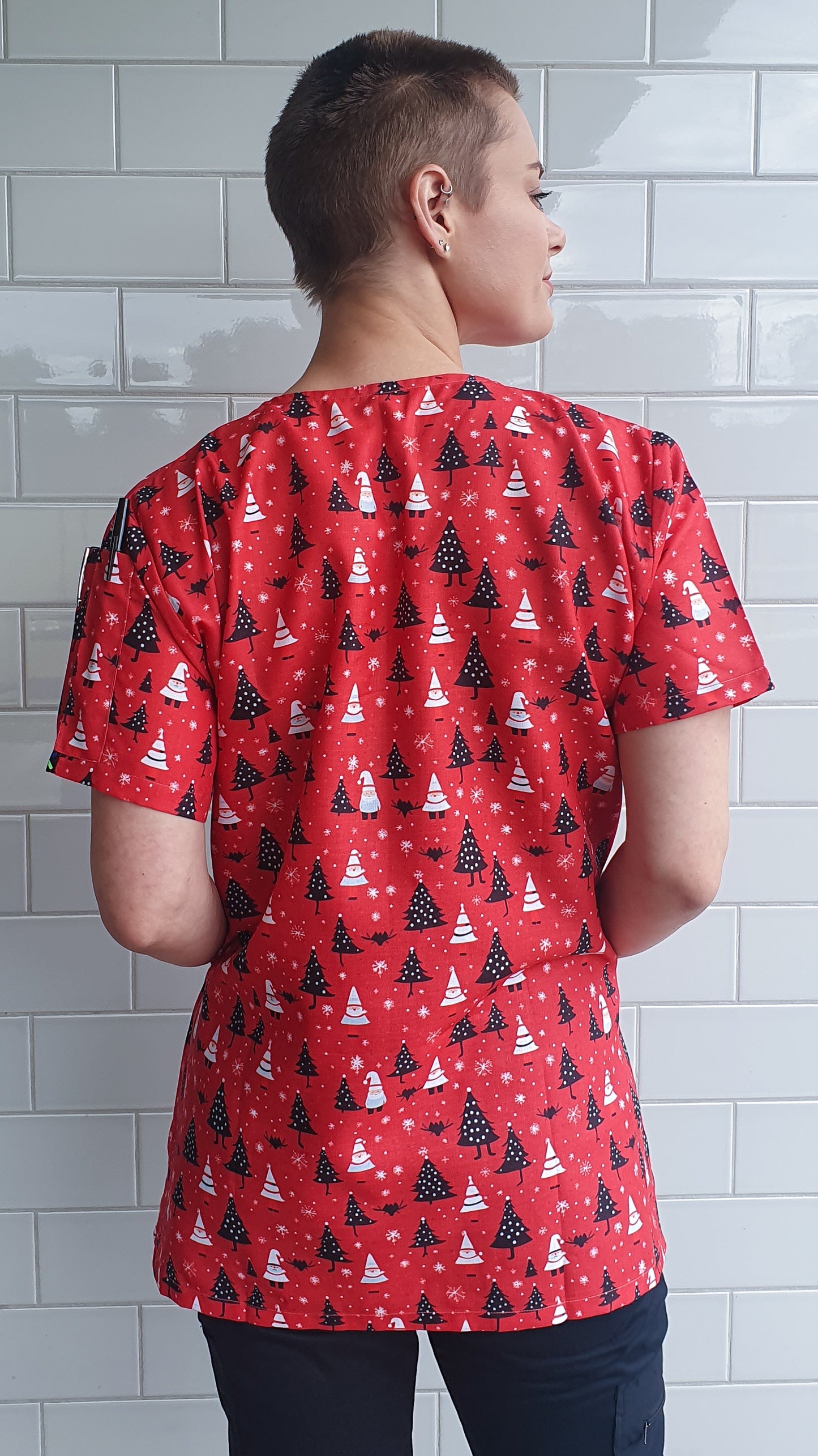 Christmas Tree and Santa Printed Red Christmas Scrub Top Australia