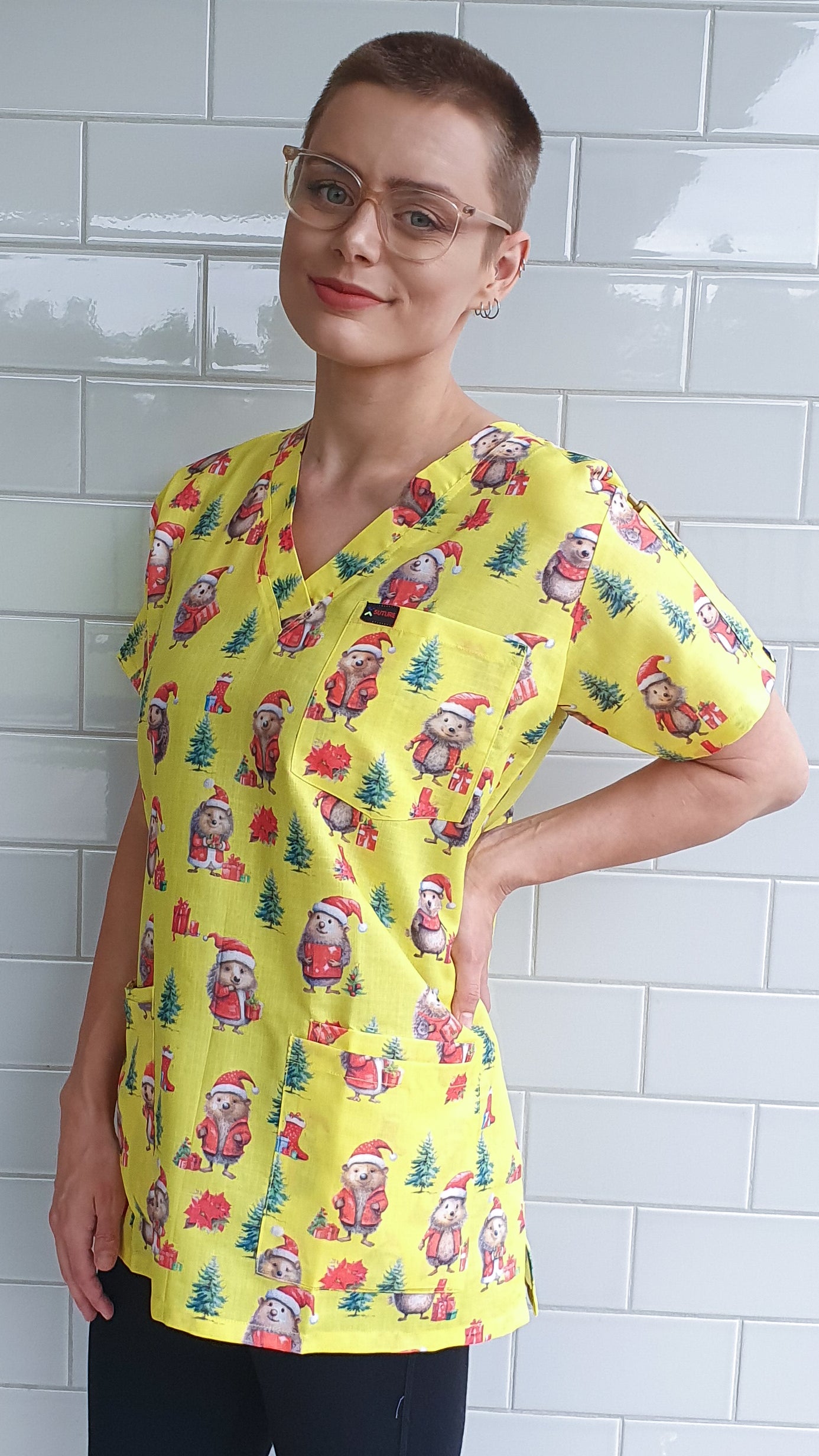 Yellow Hedgehog Christmas Printed Fun  Scrub Top Australia