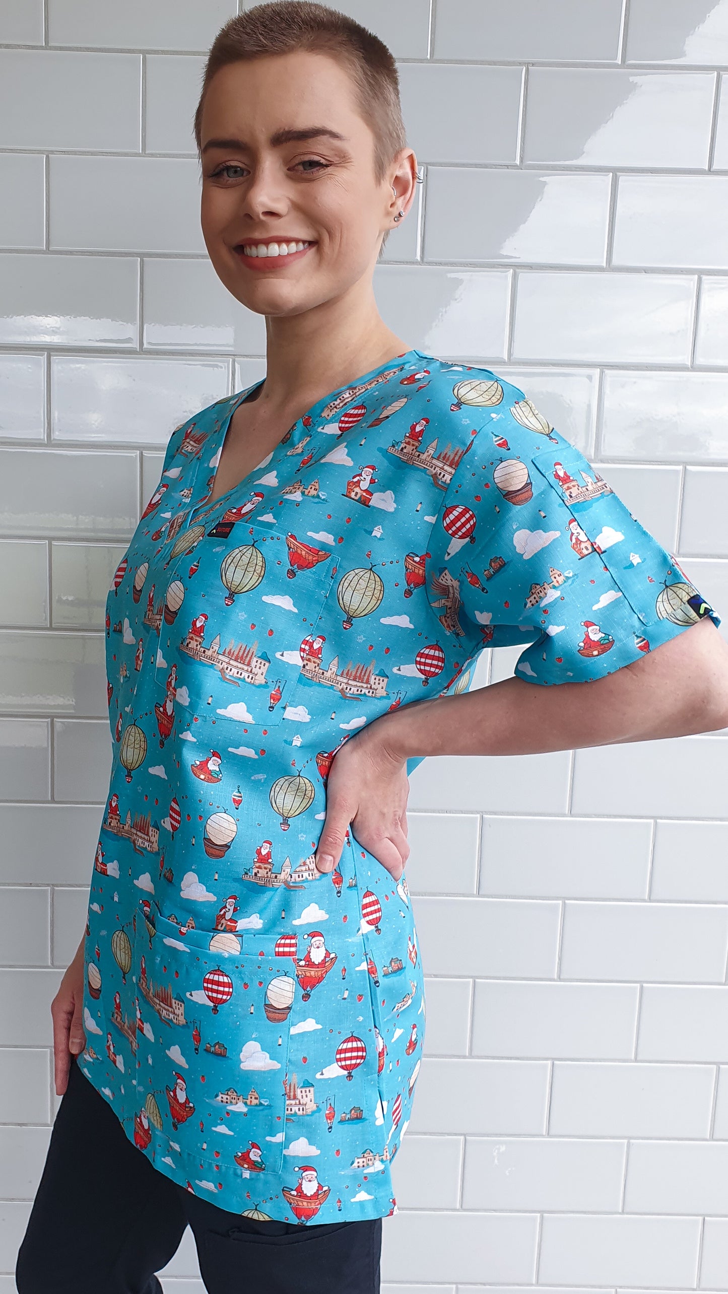 Santa In Sky Printed Christmas Scrub Top Australia