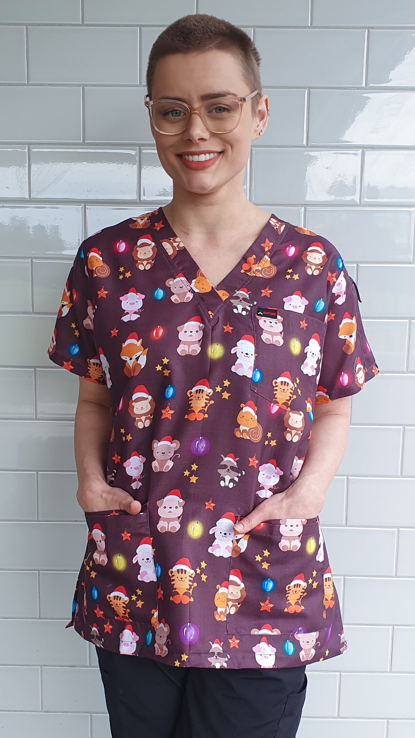 Cute Animal With Glowing Christmas Light Printed Scrub Top Australia