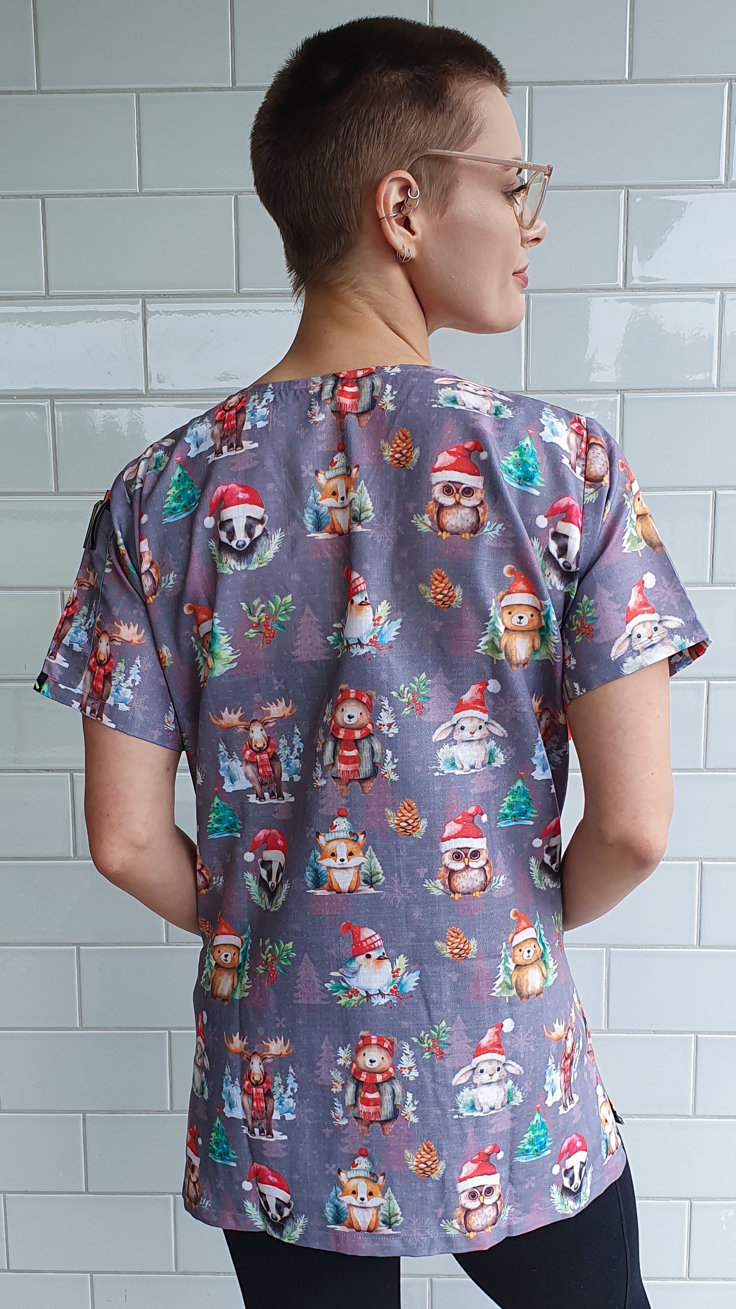 Grey Christmas Animal Printed Fun  Scrub Top Australia