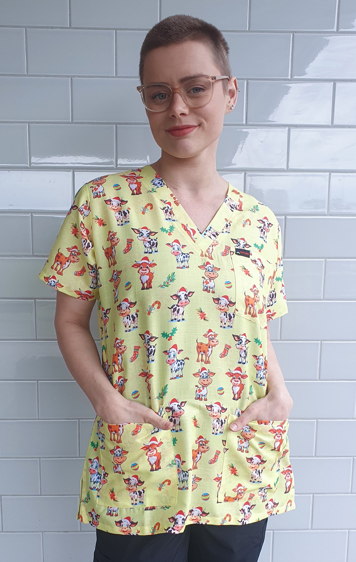 Cute Cow With Christmas Hat Printed Scrub Top Australia