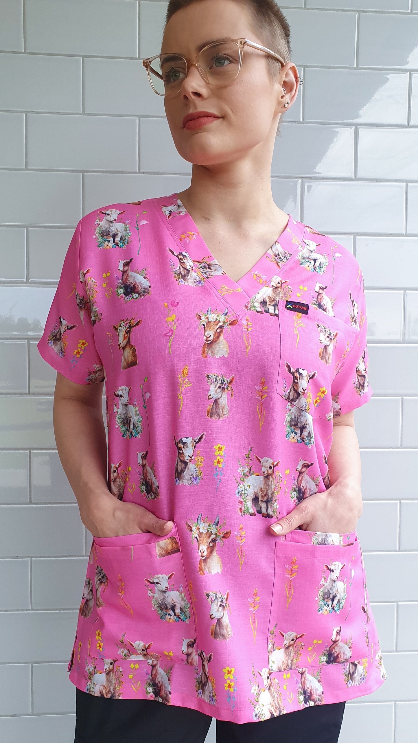 Cute Goat With Flowers Printed Fun Scrub Top Australia