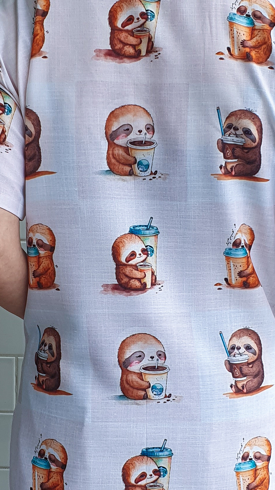 Coffee Drinking Sloth Printed Fun Scrub Top Australia