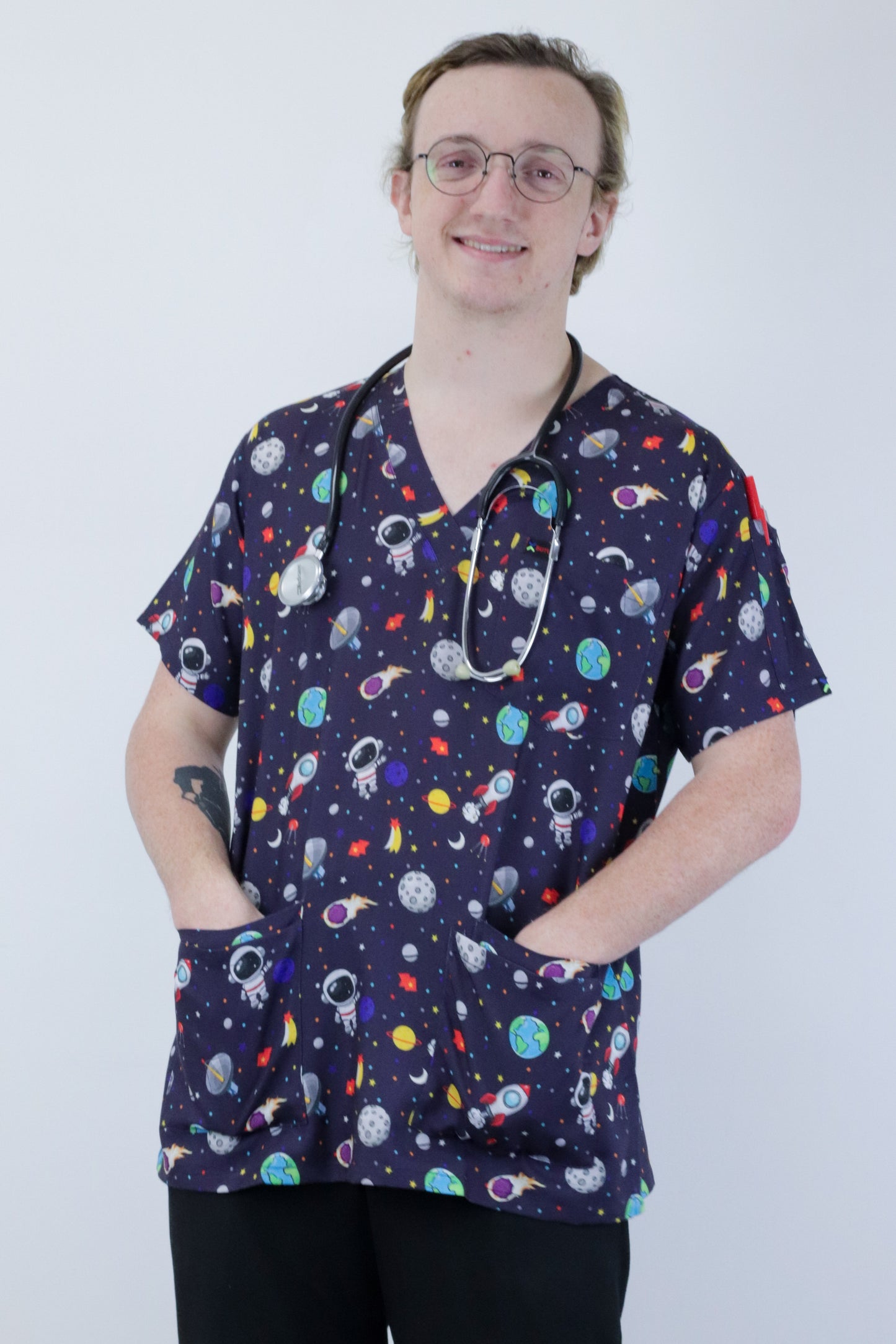 Space Print Scrub Top featuring Austronaut,Satallite , Earth ,Moon ,Star