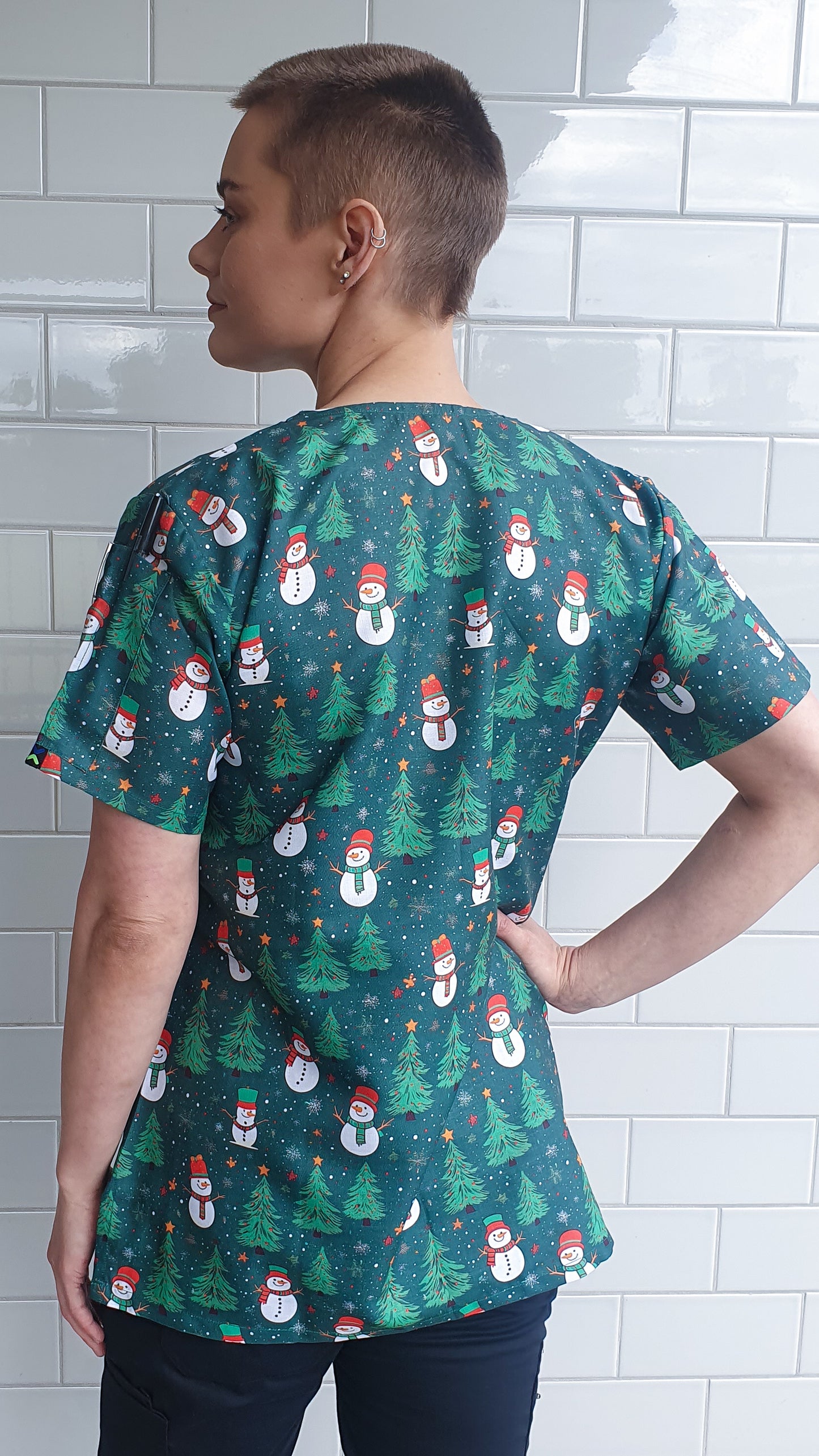 Christmas Snowman and Trees  Printed Scrub Top Australia